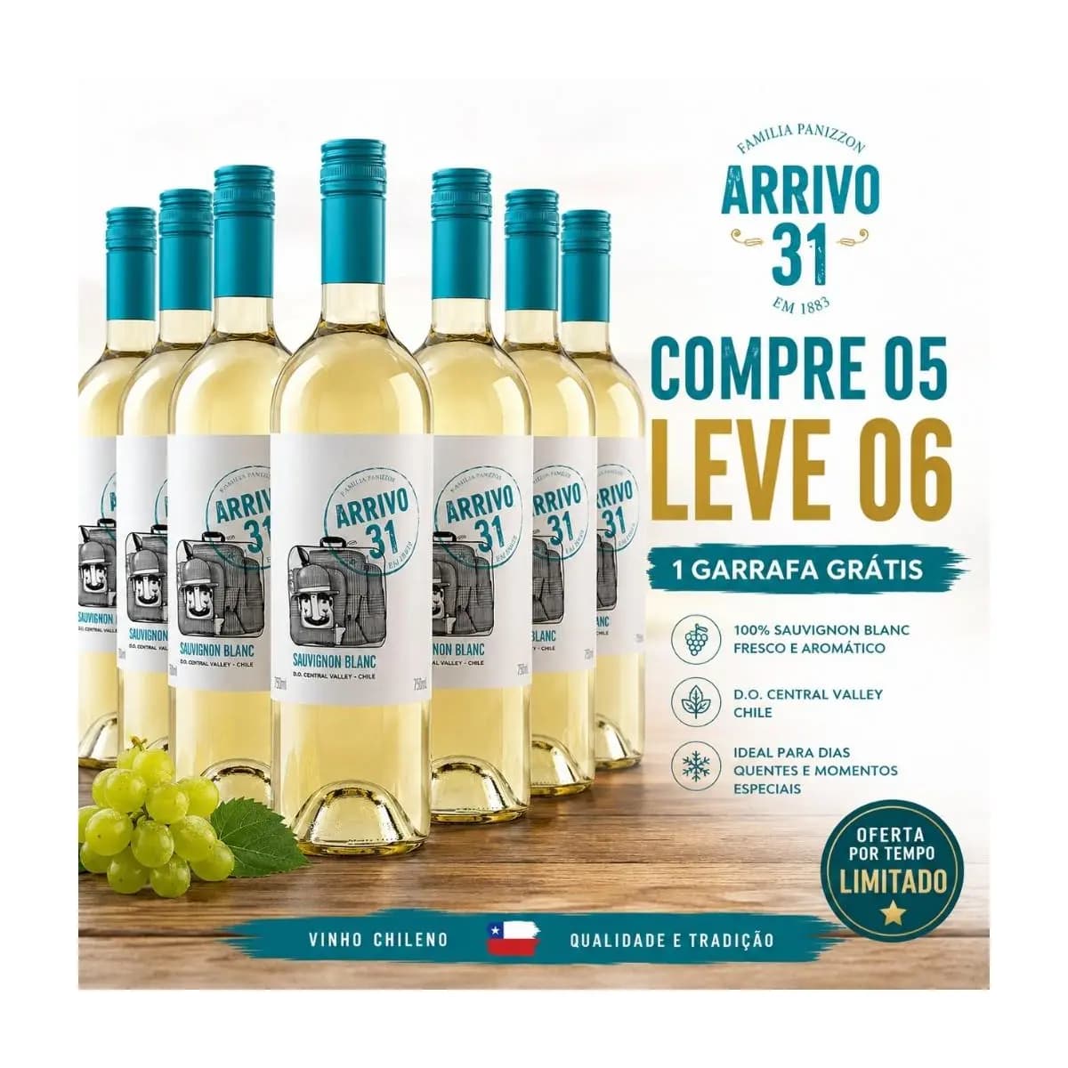 vinho Branco Seco Chileno Arrivo 31 Sauvignon Blanc 750 ml