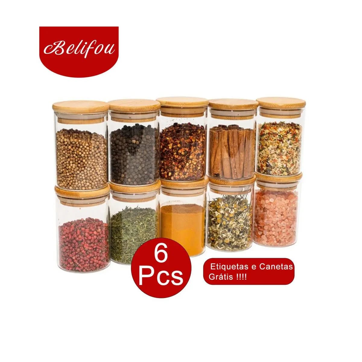 Belifou 200ML Kit 6 Potes Para Alimentos Com Tampa Bambu Potes Vidro Potes Pote De Vidro Selado