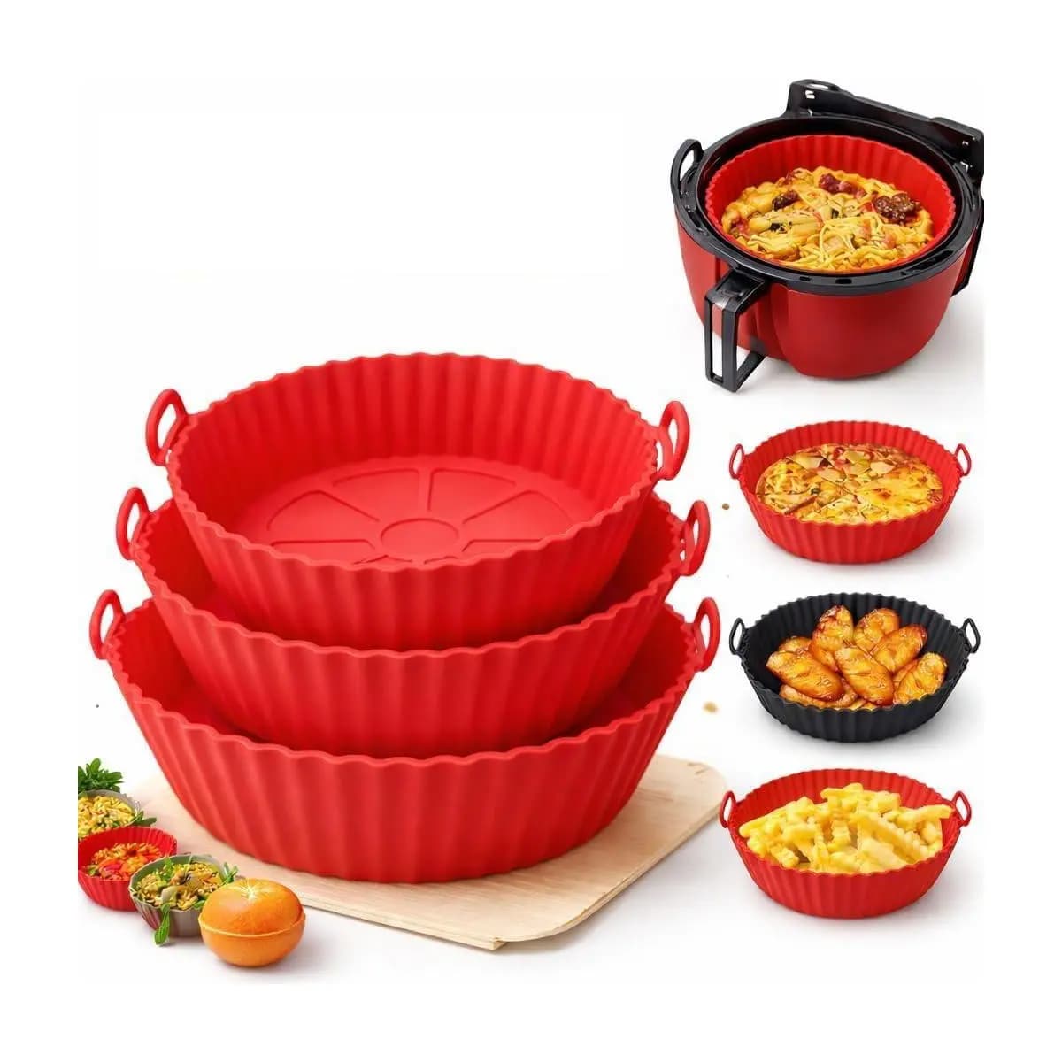 Kit com 6 Formas de Silicone Reutilizáveis para Air Fryer e Forno, Silicone Reciclável Antiaderente, Resistente a Alta Temperatura, Fácil de Lavar e Guardar (Vermelho)