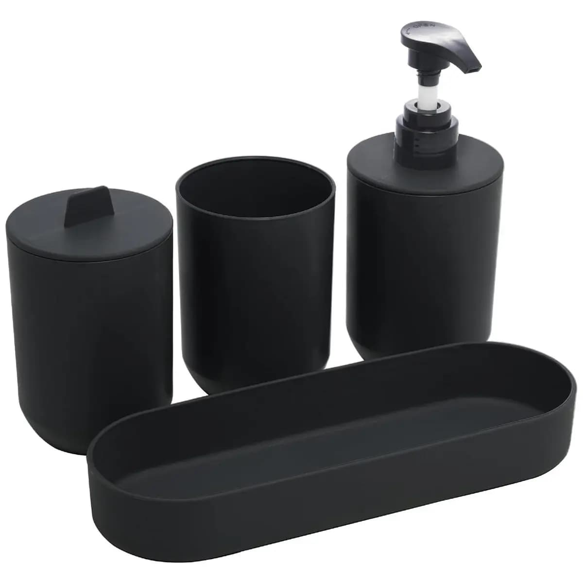 LYOR - Conjunto 4 Peças de Bambu e PP para Banheiro Preto - Porta-sabonete líquido, Porta-escova de dentes, Saboneteira, Porta Algodão
