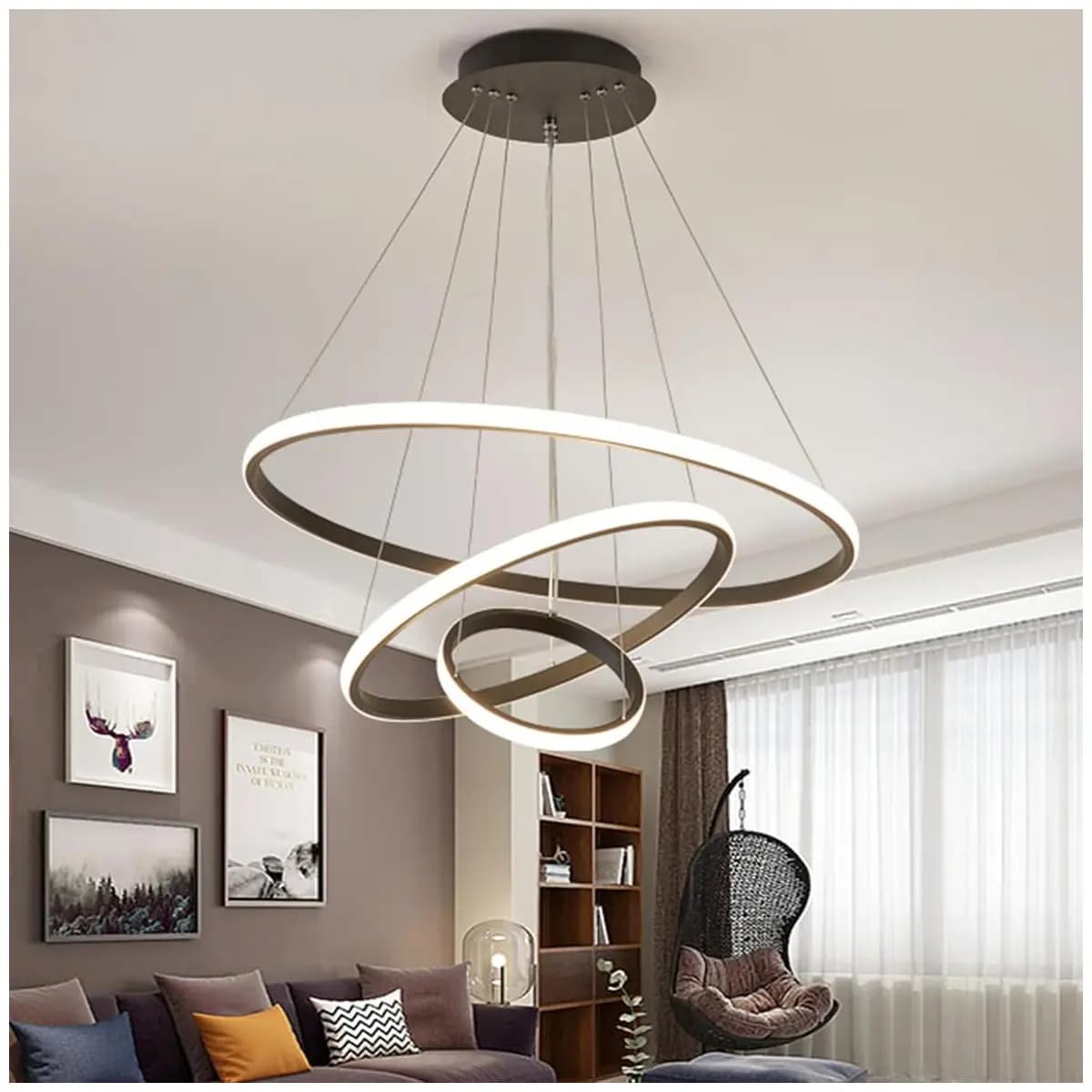Luminária Pendente LED Moderna 3 Anéis 72W, Redonda Embutida, Regulável, 3 Cores de Luz (3000K/4000K/6000K), Altura Ajustável, Design Luxuoso para Sala, Quarto ou Escritório (Preto)