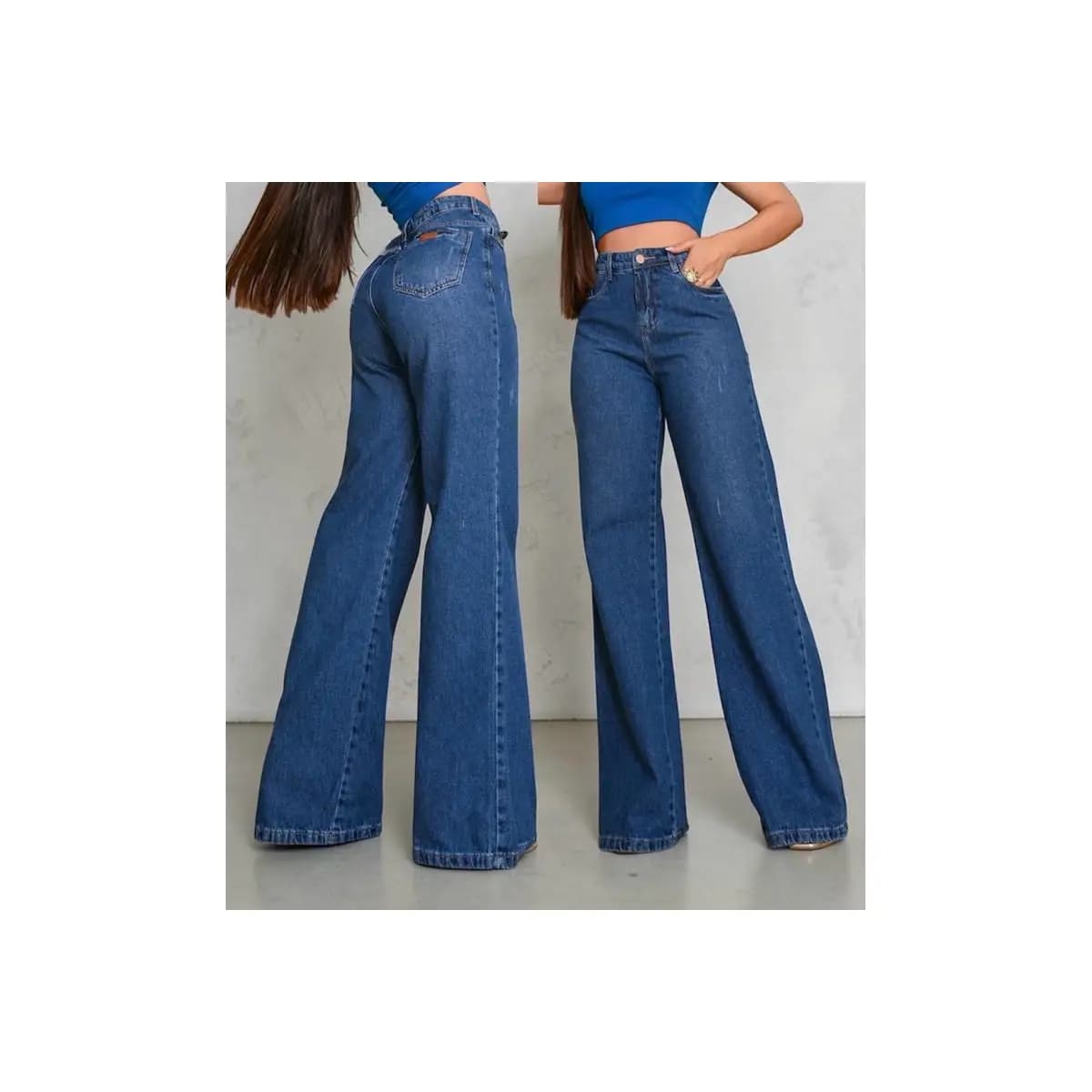 Calça Wide Leg Jeans Feminina Cintura Alta Pantalona 100% Algodão