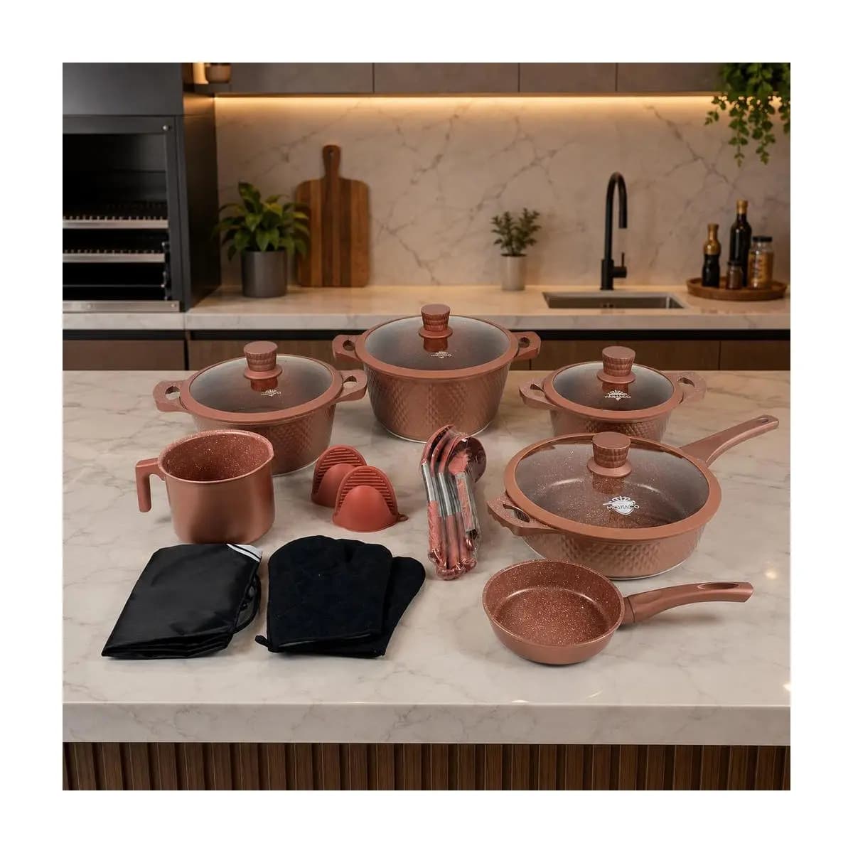 Jogo De Panela Monaco Diamante Cerâmica Premium 20 Peças Antiaderente Frigideira Caçarola Tampa Vidro Indução Cozinha