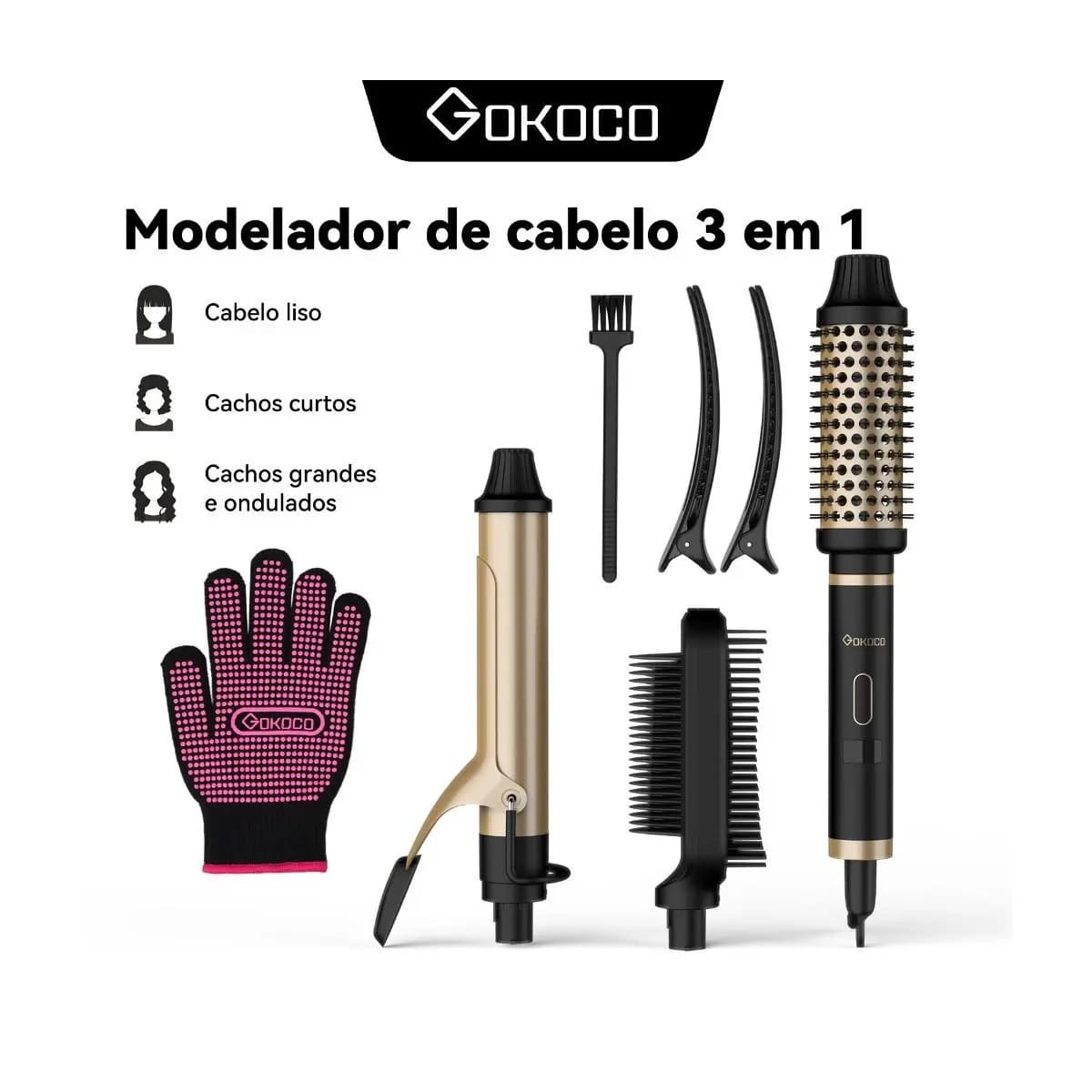 GOKOCO 3 Em 1 Multifuncional Paramodelar Modelador De Cachos Aparelho Cabelo liso Cachos Curtos E Grandese Ondulados