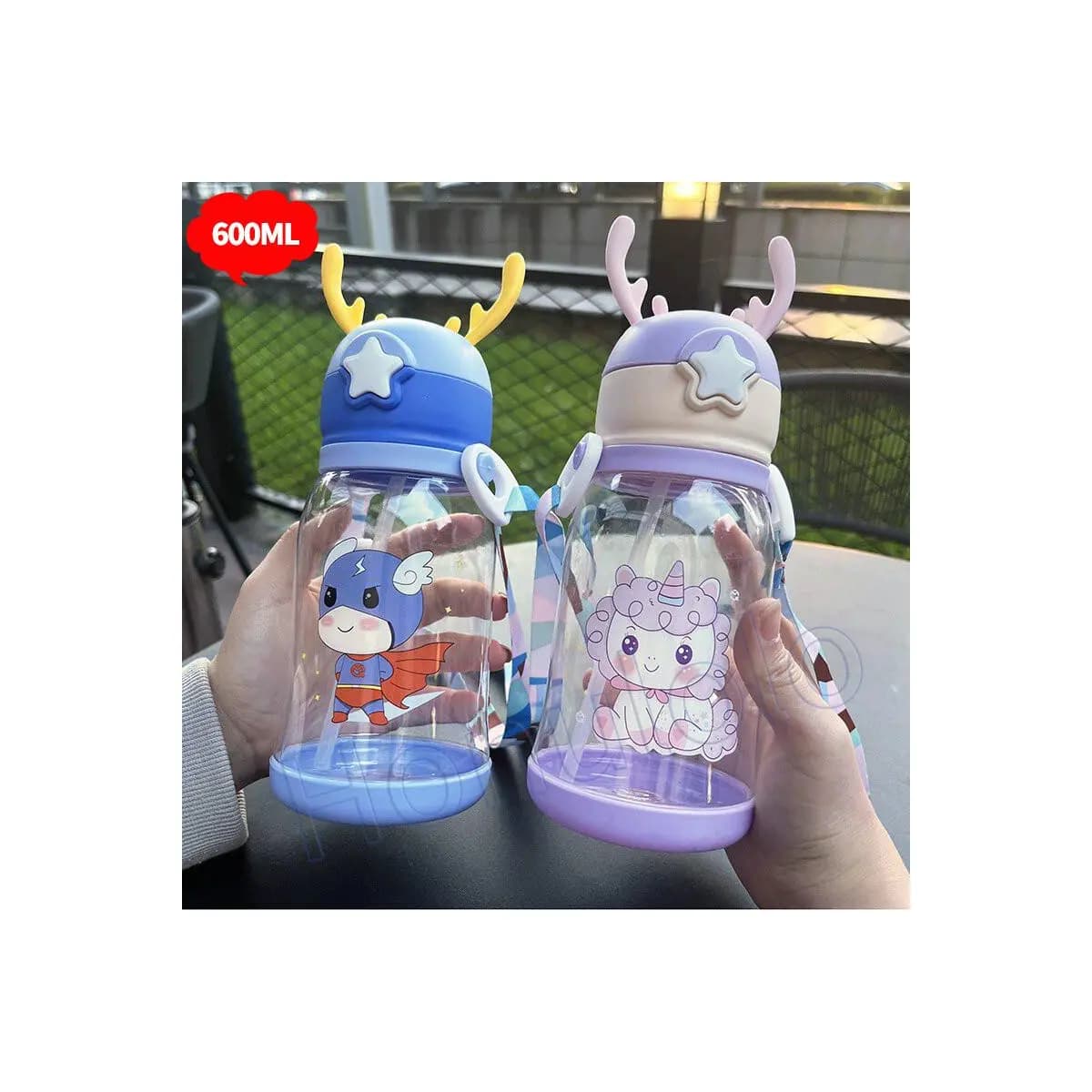 Garrafa De Alce Água Infantil Criança Portátil Com Canudo Desenho Fantasia Para Meninas ou Meninos 600ml