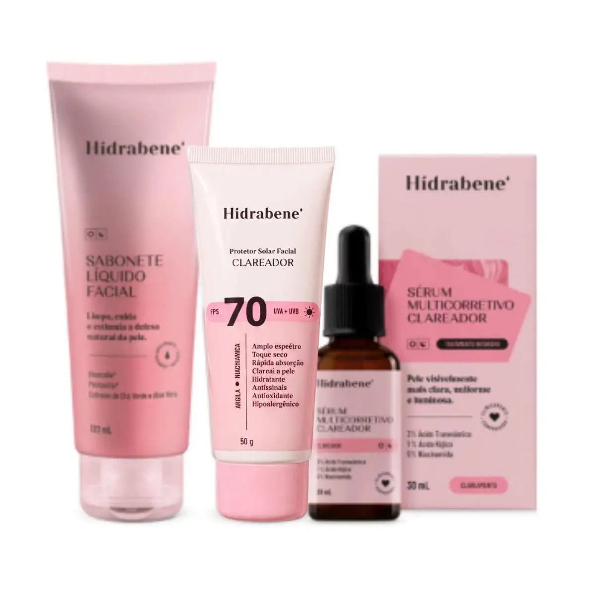 Kit Clareador Facial - Sabonete Líquido + Protetor Solar Clareador 70 FPS + Sérum Multicorretivo Clareador