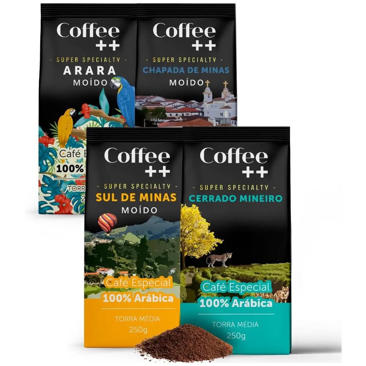 Kit 4 Pacotes Café Especial Torrado e Moído Coffee Mais Variedades: Arara, Chapada de Minas, Sul de Minas e Cerrado Mineiro - 100% Arábica (4x250g)