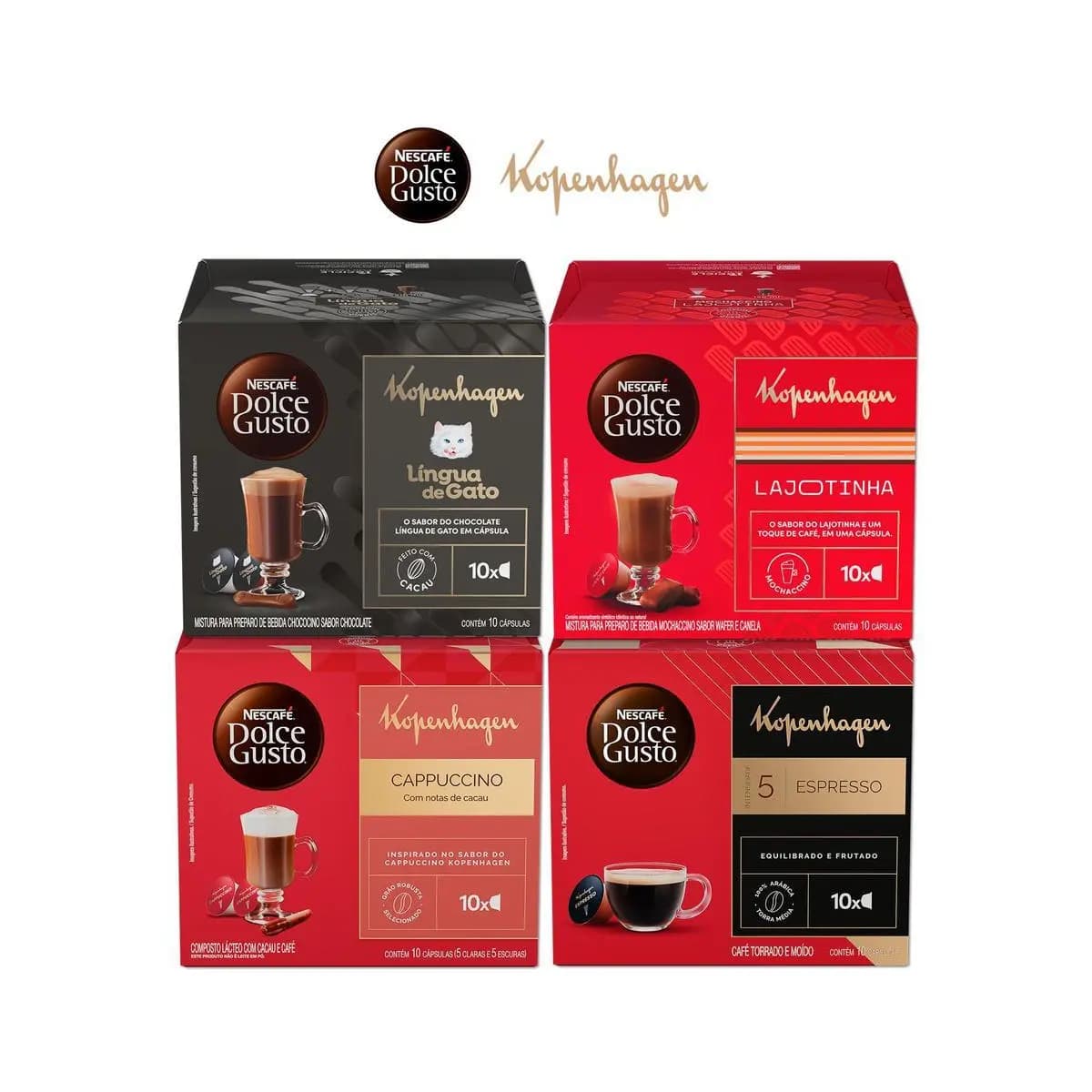 Kit Dolce Gusto + KOPENHAGEN - 40 cápsulas - Língua de Gato, Lajotinha, Cappuccino e Espresso