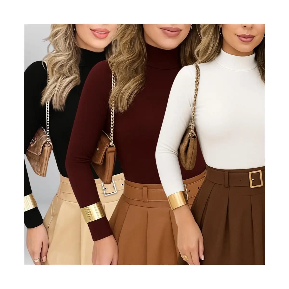 KIT 3 Blusas Feminina Manga Longa Cacharrel Confortável Básico Gola Alta