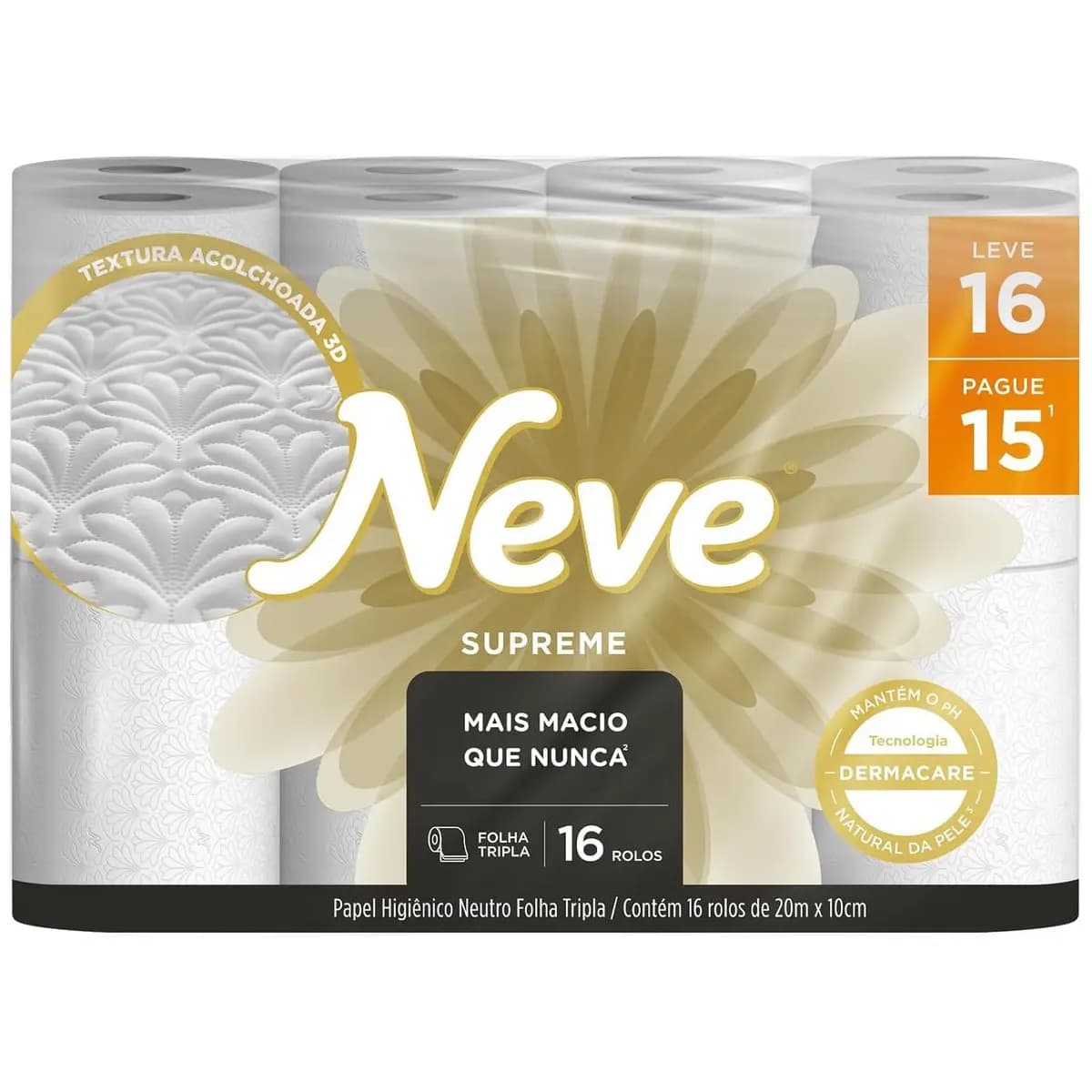 Neve Papel Higiênico Supreme Folha Tripla, 20m, Leve 16 Pague 15 Rolos
