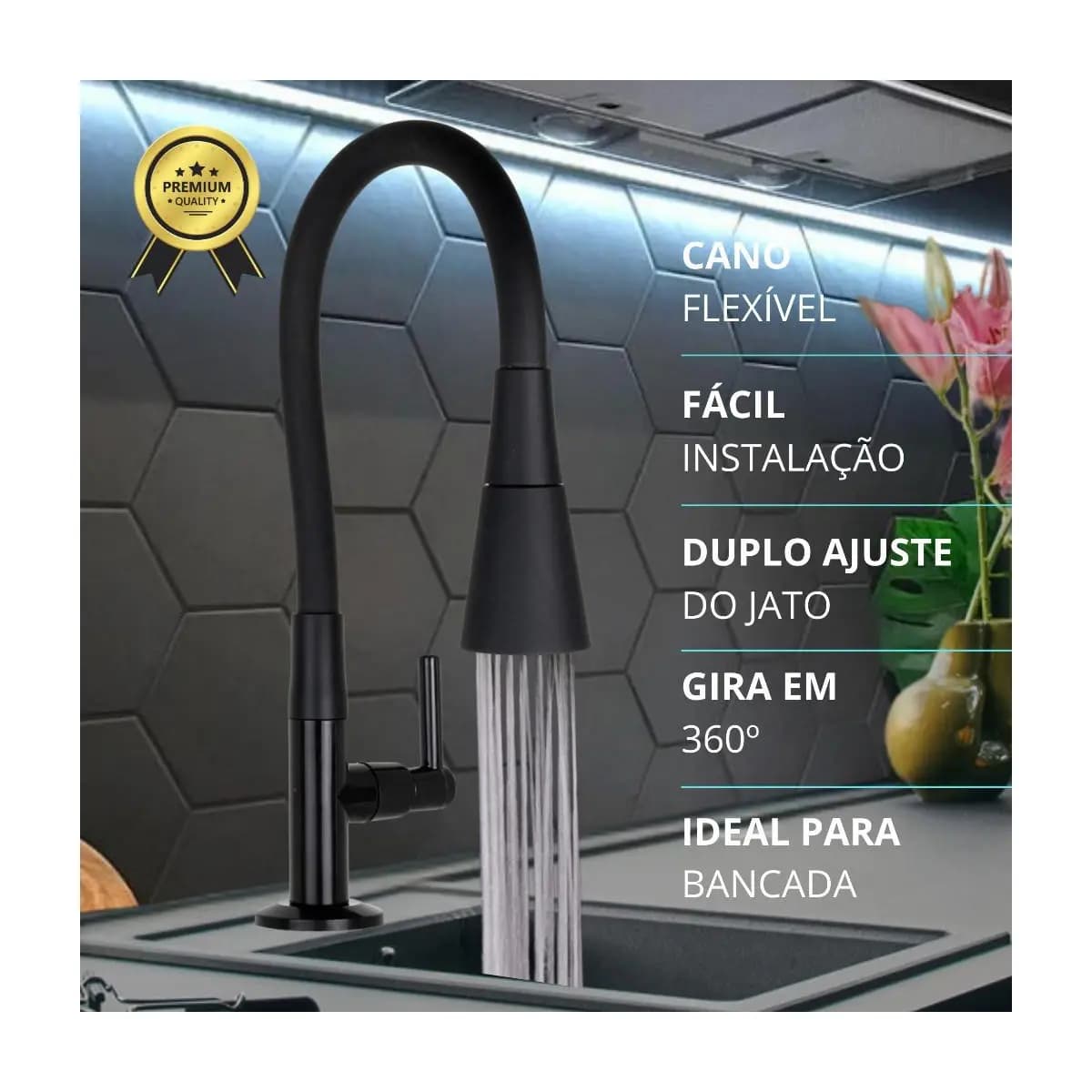 Torneira Bancada Cozinha Gourmet Preta Flexivel 2 Jatos 1/4 de volta para mesa pia bancada e mármore