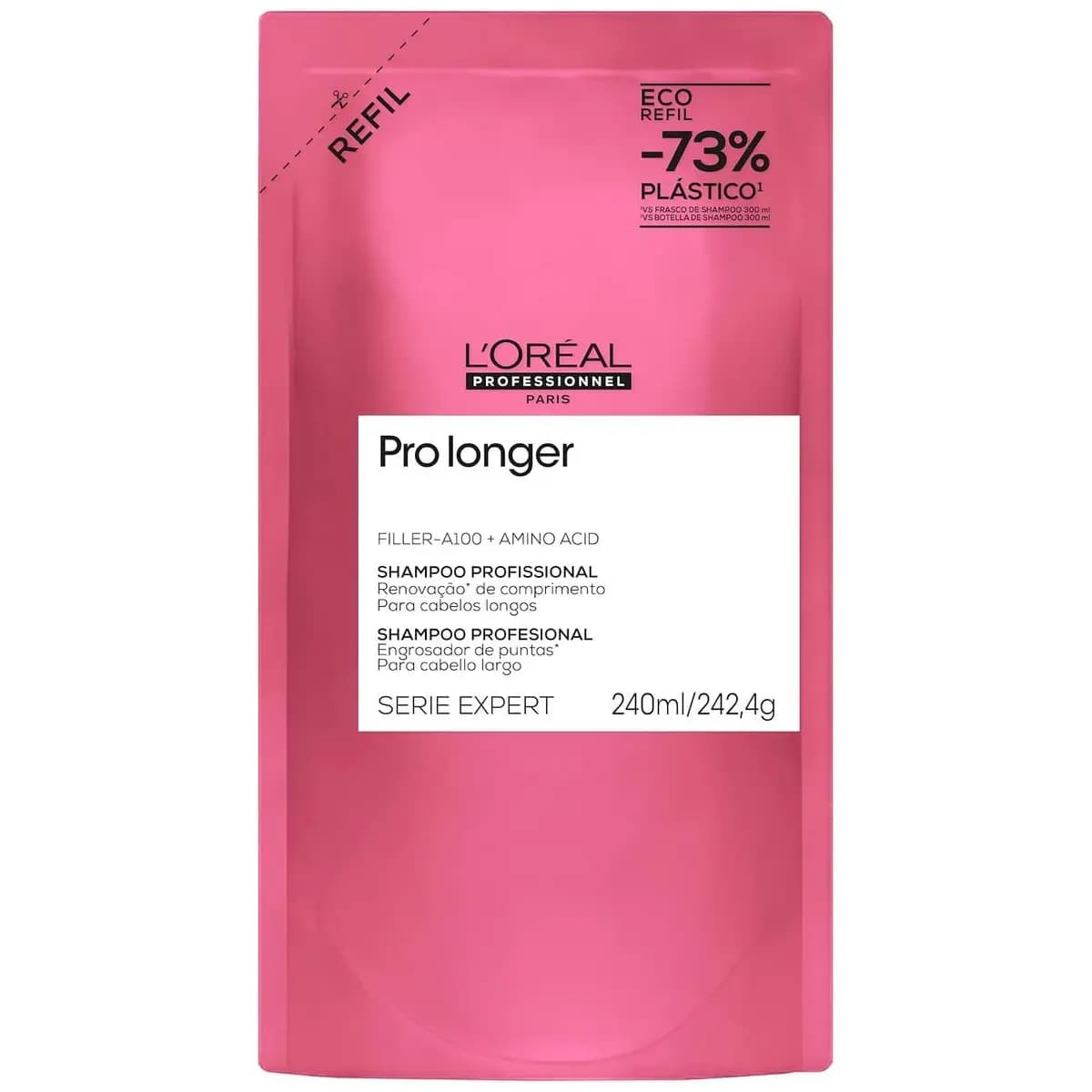 L'Oréal Professionnel Serie Expert Pro Longer, Shampoo para Cabelos Longos com Pontas Danificadas, Preenche e Fortalece a Fibra com Filler-A100 e Aminoácidos, Tecnologia Co-Emulsão, 240ml