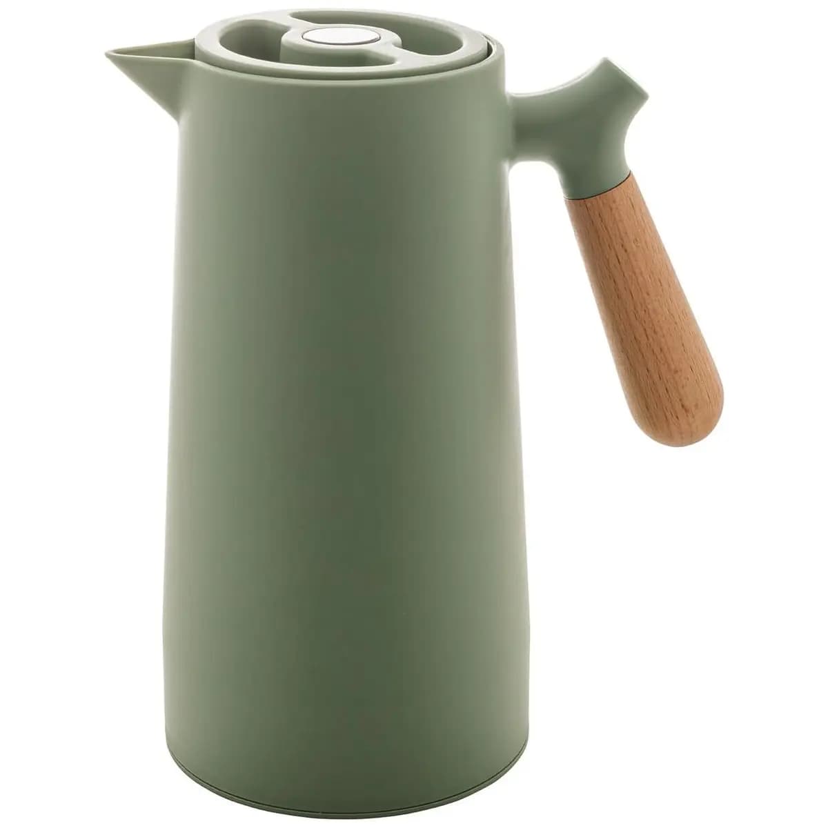 WOLFF - Garrafa Térmica de Plástico com Cabo de Madeira Nórdica 1L Verde - Mesa Posta - Itens Para Casa - Utensílios de Cozinha - Perfeita Para Café e Chá