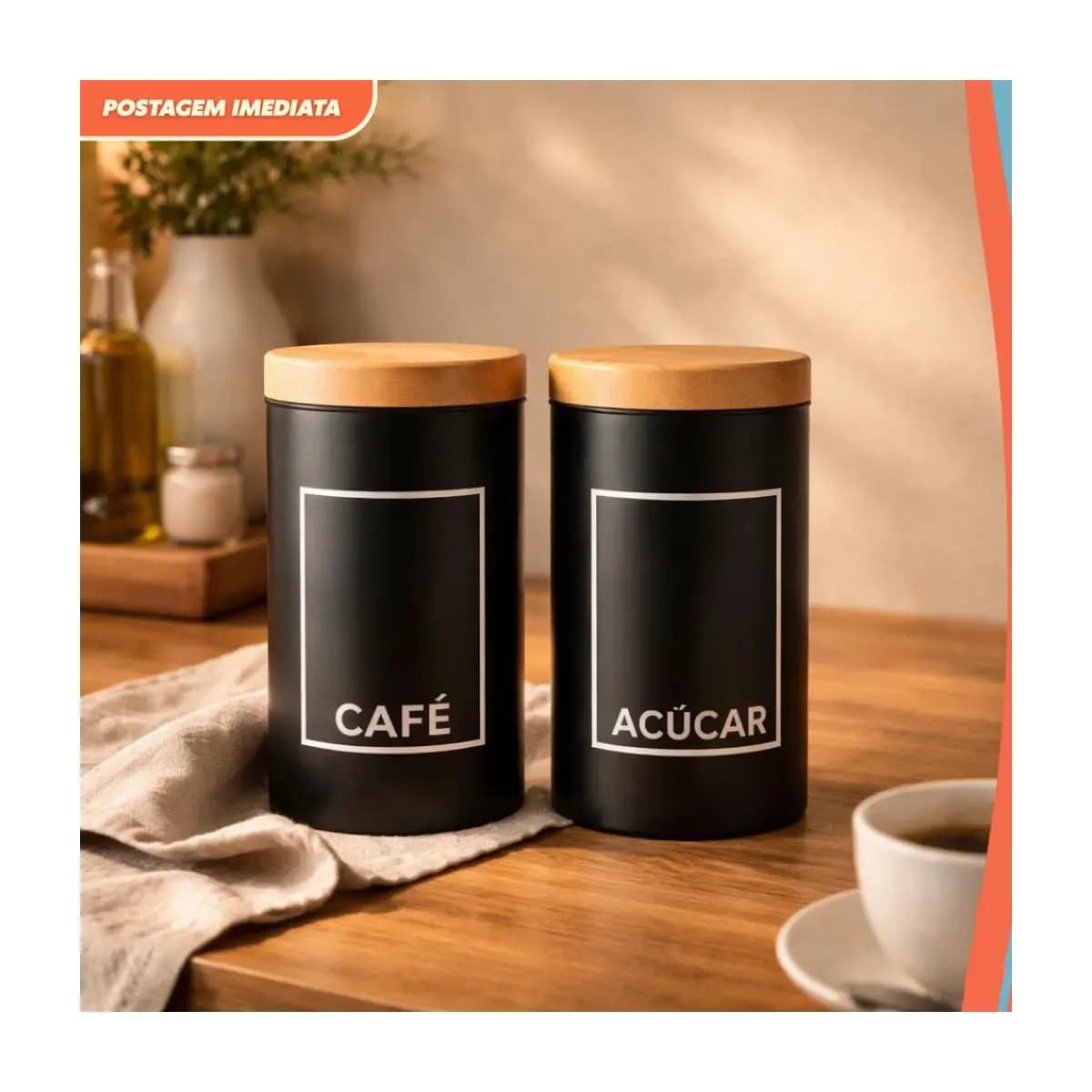 Potes Herméticos Café e Açúcar Preto com Tampa Efeito Bambu Porta Mantimentos Cozinha Premium