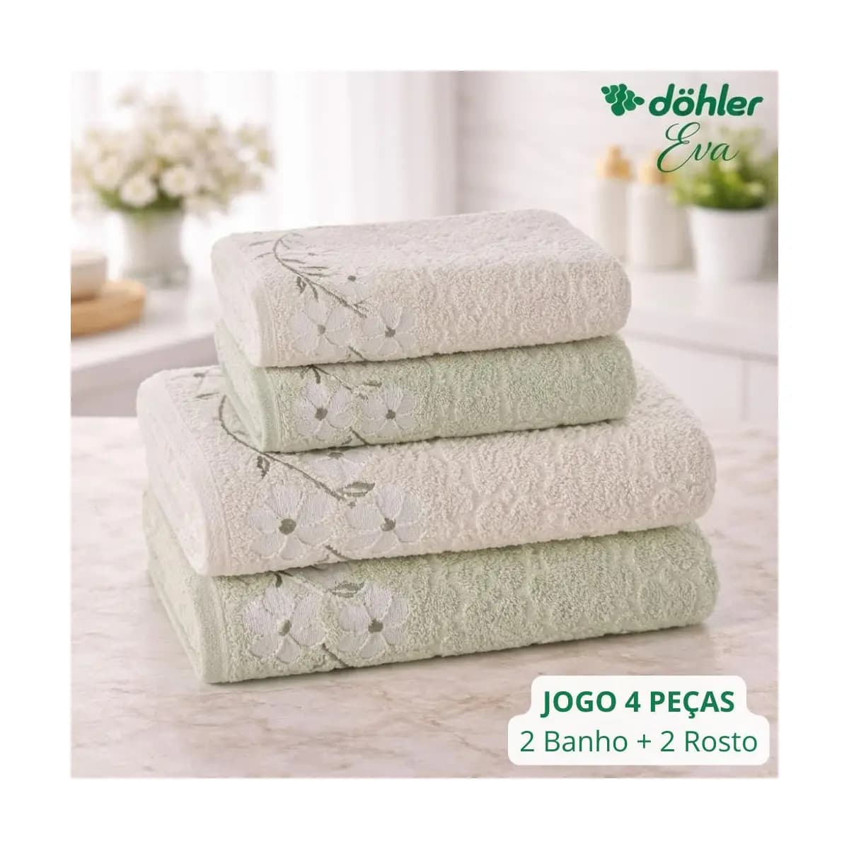 Jogo de Toalha Dohler 4 Peças de Algodão Banho e Rosto Super Macia Felpuda Ótima Absorção Eva