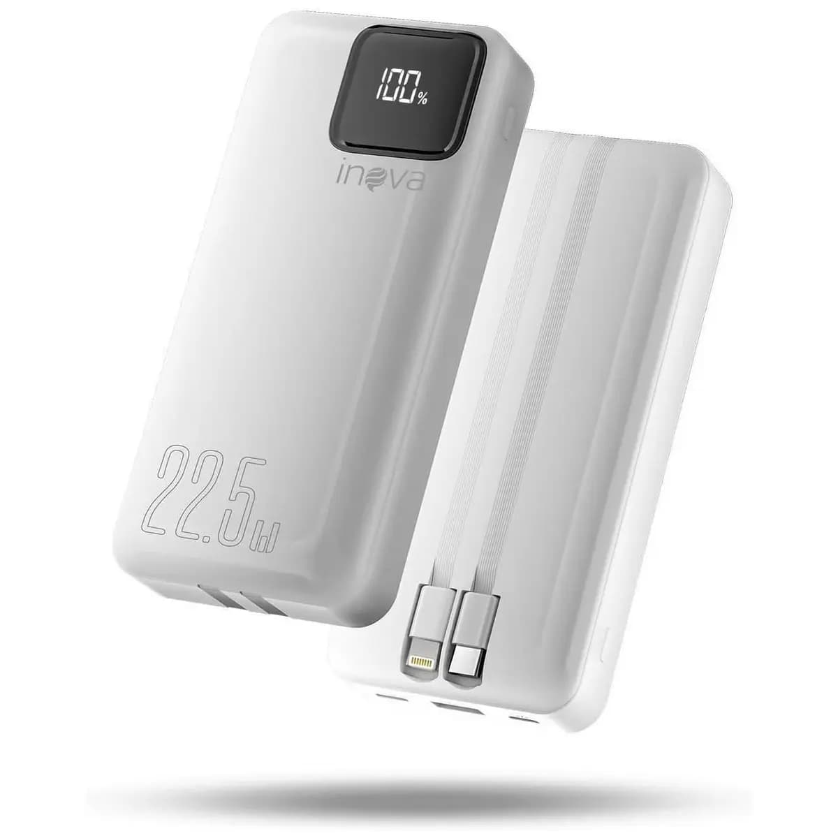 Power Bank com cabo integrado, Carregador Portátil de 20000mAh com Carga Rápida, Múltiplas Portas, Design Leve e Proteção Inteligente para Dispositivos iOS e Android/USB/Type-C/Branco(MD-12412)