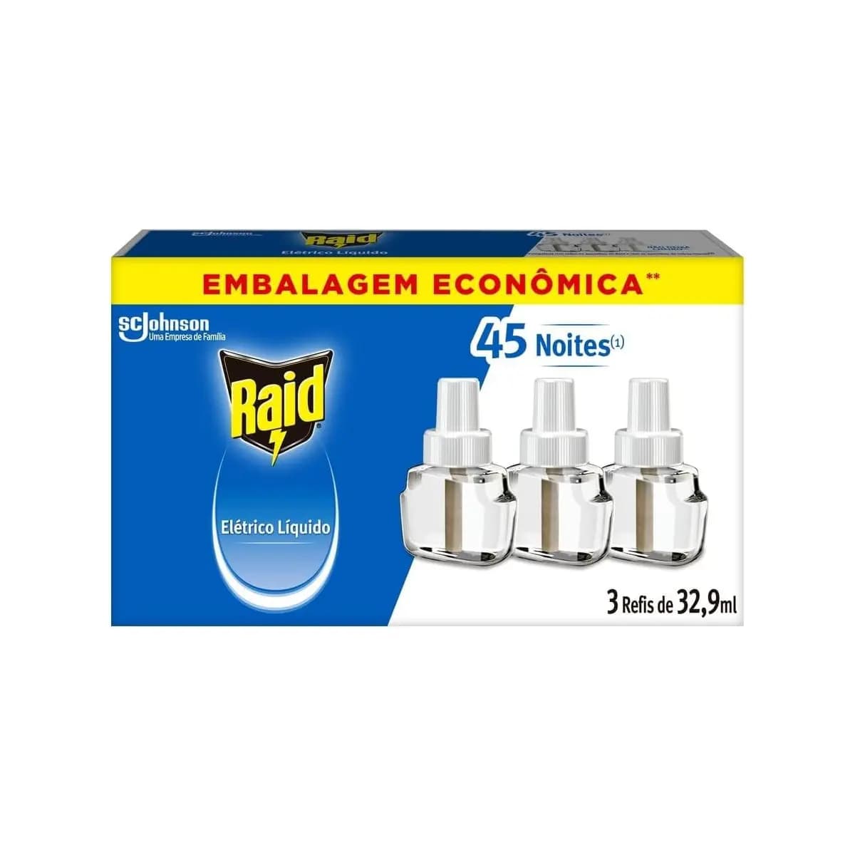 Raid Repelente Eletrico Líquido, 45 Noites de Proteção, 3 Refis de 32,9ml