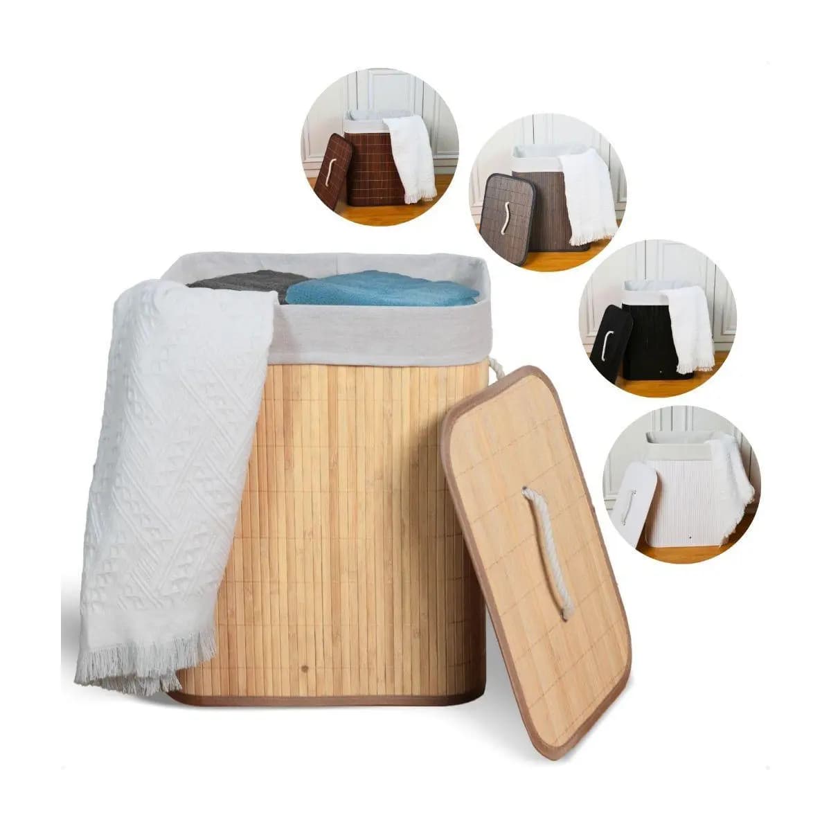 Cesto de Roupa Suja Bambu Com Tampa e Alças 50 Litros Grande Organizador Multiuso