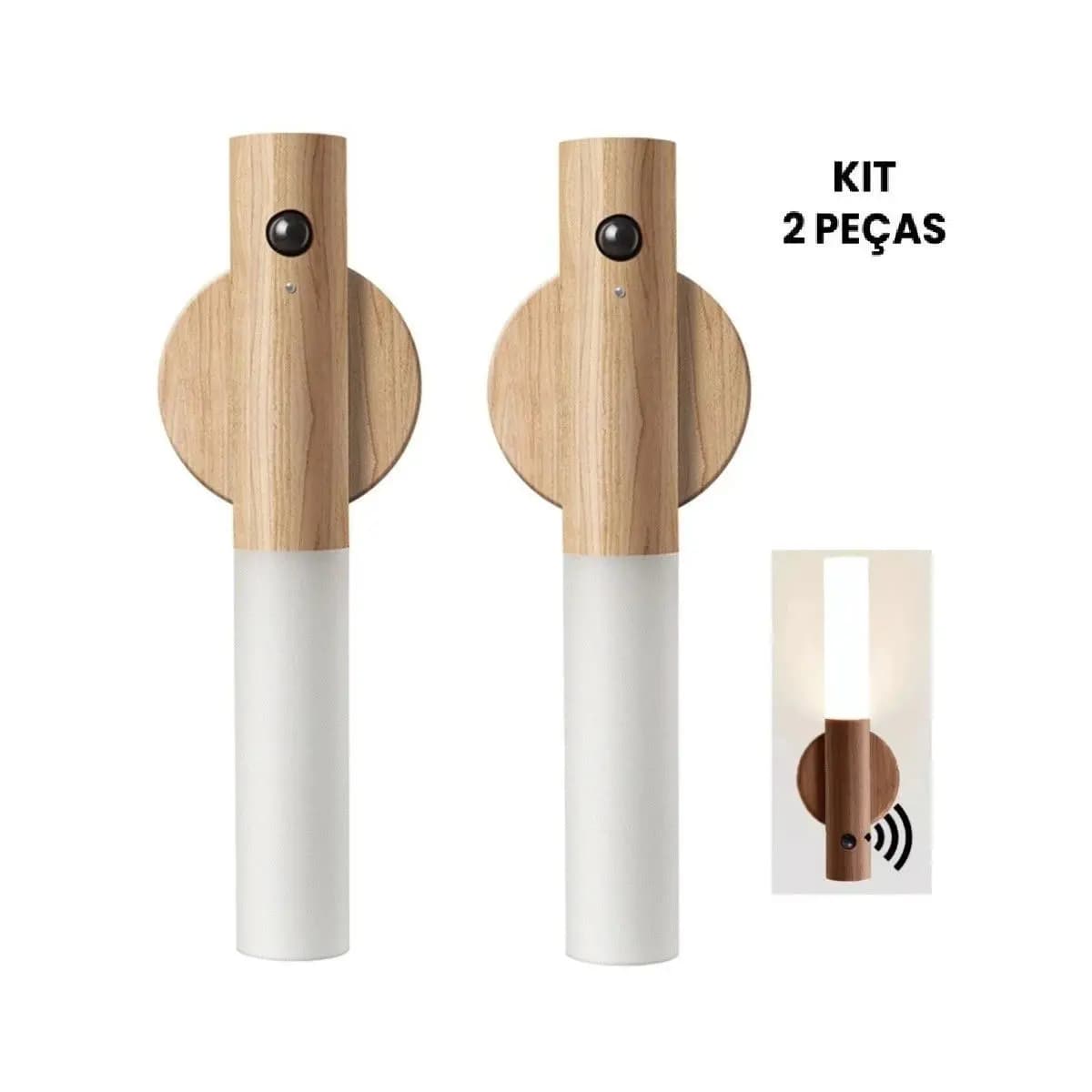 kit 2 Luminária Luz Led Recarregável Sensor de Movimento Arandela de Madeira Minimalista Para Mesa Parede