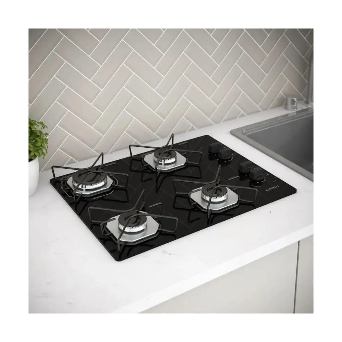 Fogão Cooktop Fogatti à Gás Ori 4 Bocas Vidro Preto Flange Inox Bivolt - Acendimento automático