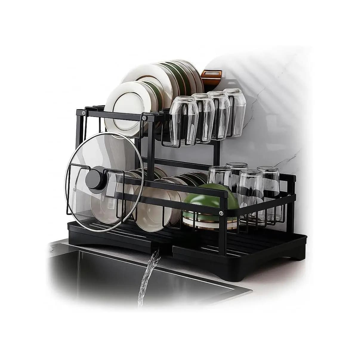 Escorredor de Louça em Aço Carbono Preto com Bandeja de Drenagem, Suporte para Copos, Talheres e Tábuas – Compacto, Resistente, Antiferrugem – Organizador de Pia Cozinha Moderna