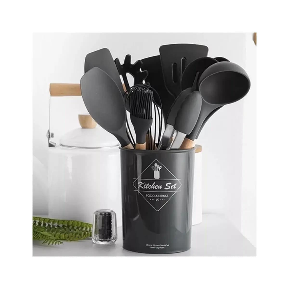 Jogo de Cozinha Kit C/12 Peças de Silicone, Utensílios e Copo Suporte para Cozinha Cabo de Madeira