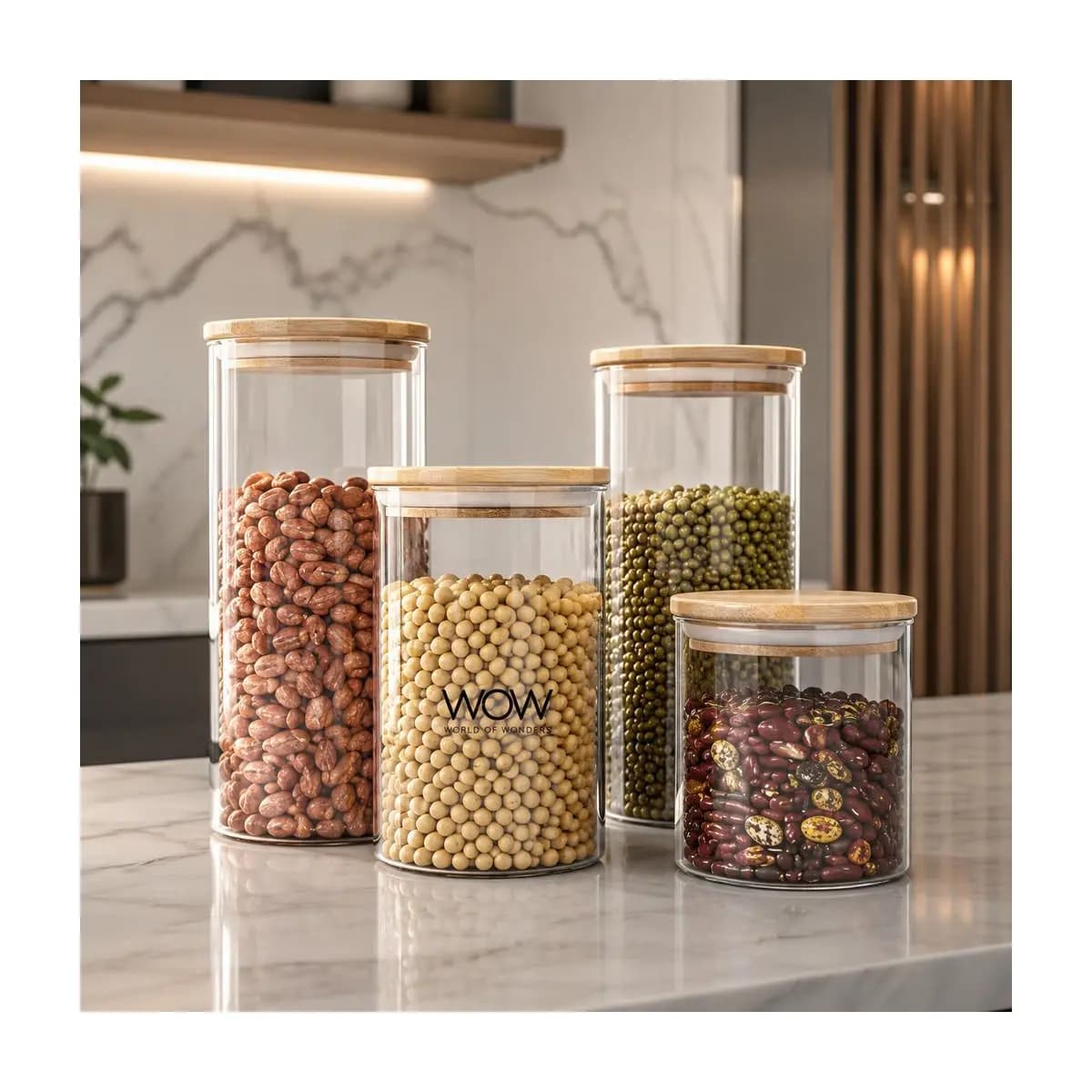 Kit 4 Potes Herméticos Tampa Bambu Organizador Mantimentos Cozinha