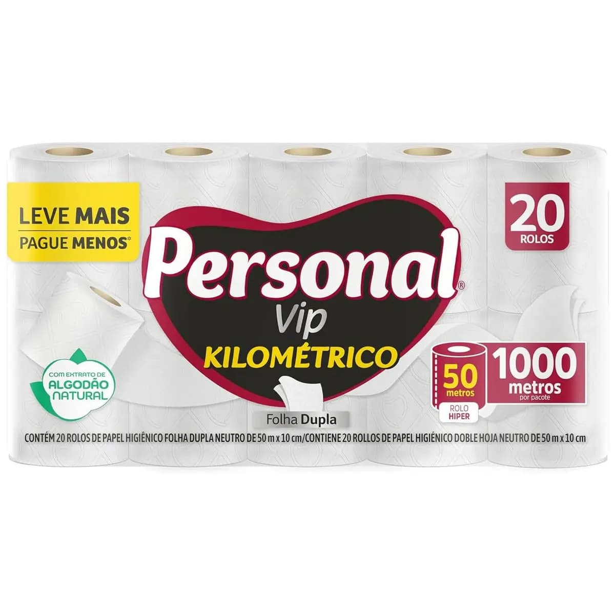 Personal Papel Higiênico Kilométrico Folha Dupla, Com 20 Rolos 50M