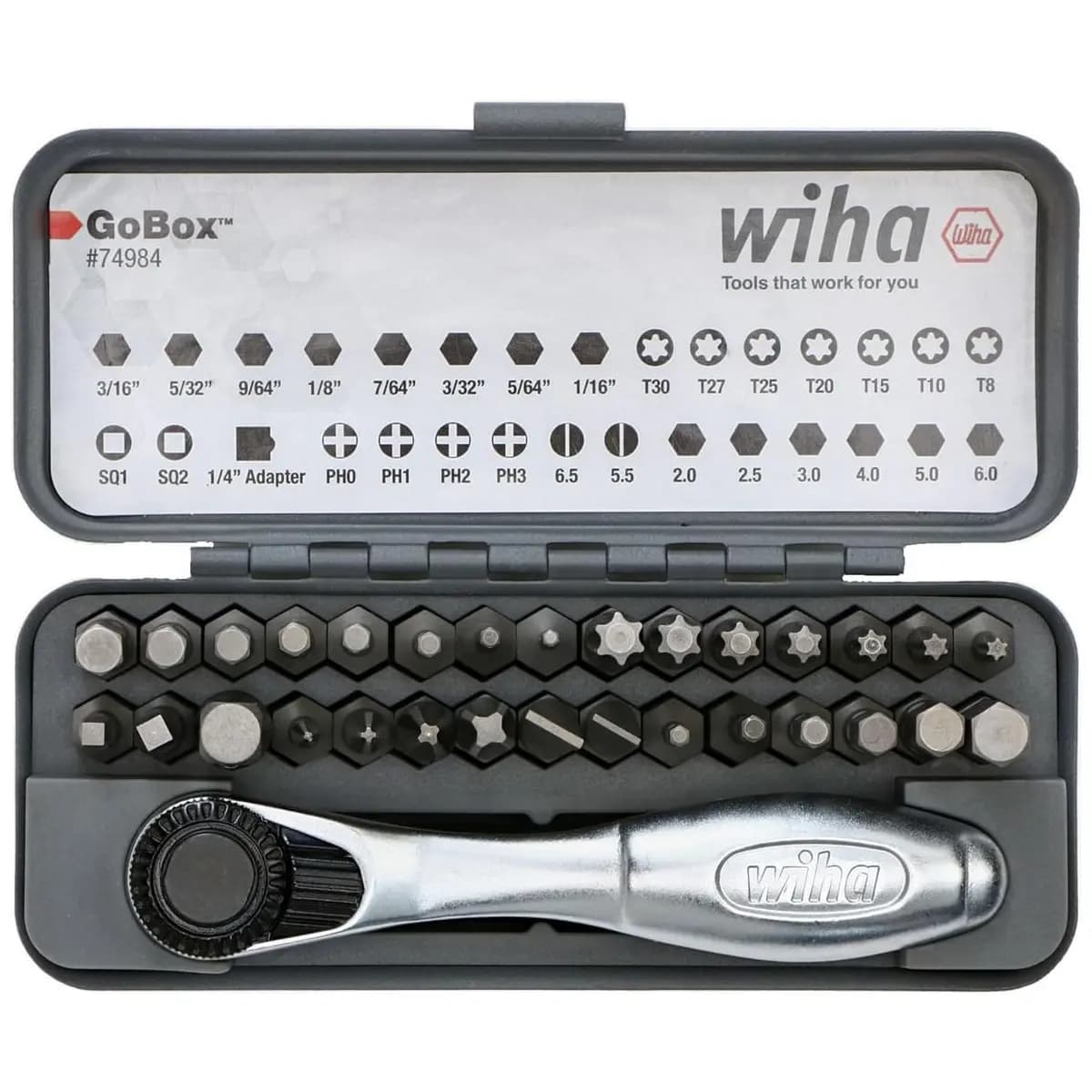 Wiha 74984 Conjunto de brocas padrão GoBox de 32 peças com mini catraca