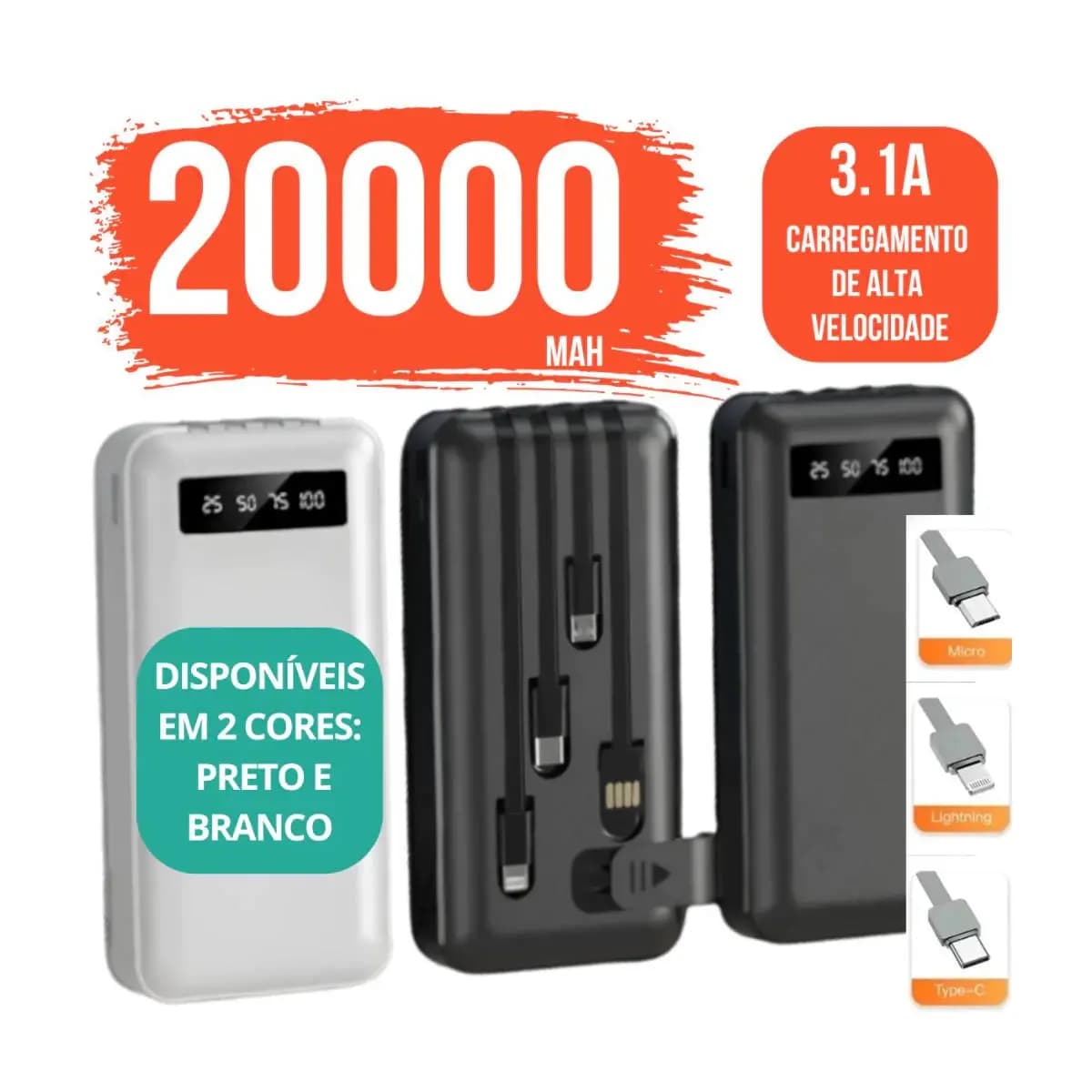Power Bank Portátil 20000mAh com 4 Cabos Carregador Universal para Celular, Mundial