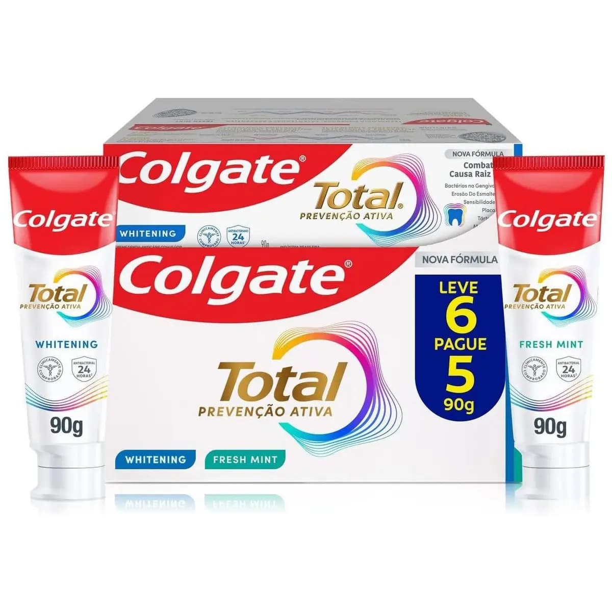Colgate Total Whitening & Fresh Mint Creme Dental Clareador, 6x90g