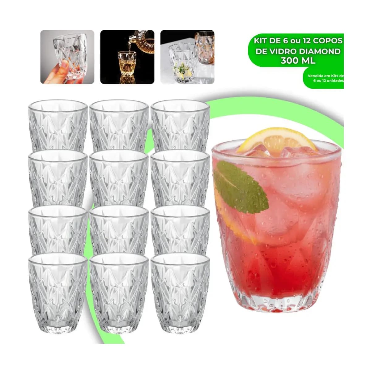 Jogo Copos Diamond 300ml Vidro Grosso Diamante Luxo Resistente Transparente Elegante Moderno 12 ou 6