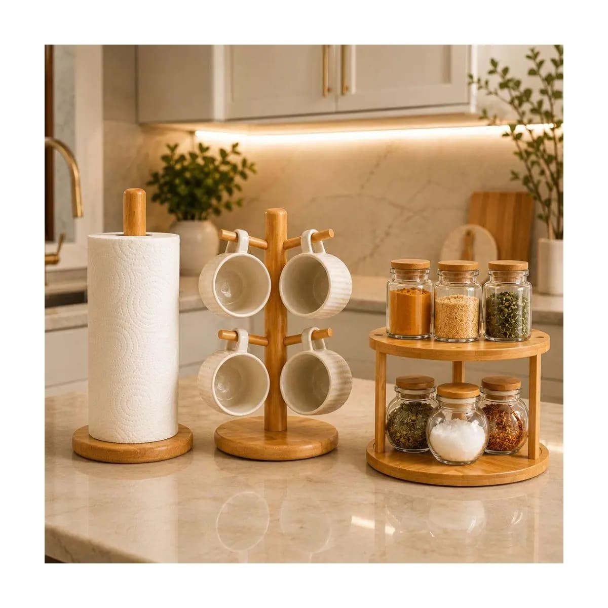 Kit Cozinha Completa Bambu Premium Porta Temperos Porta Xícaras Porta Papel Toalha Envio Imediato