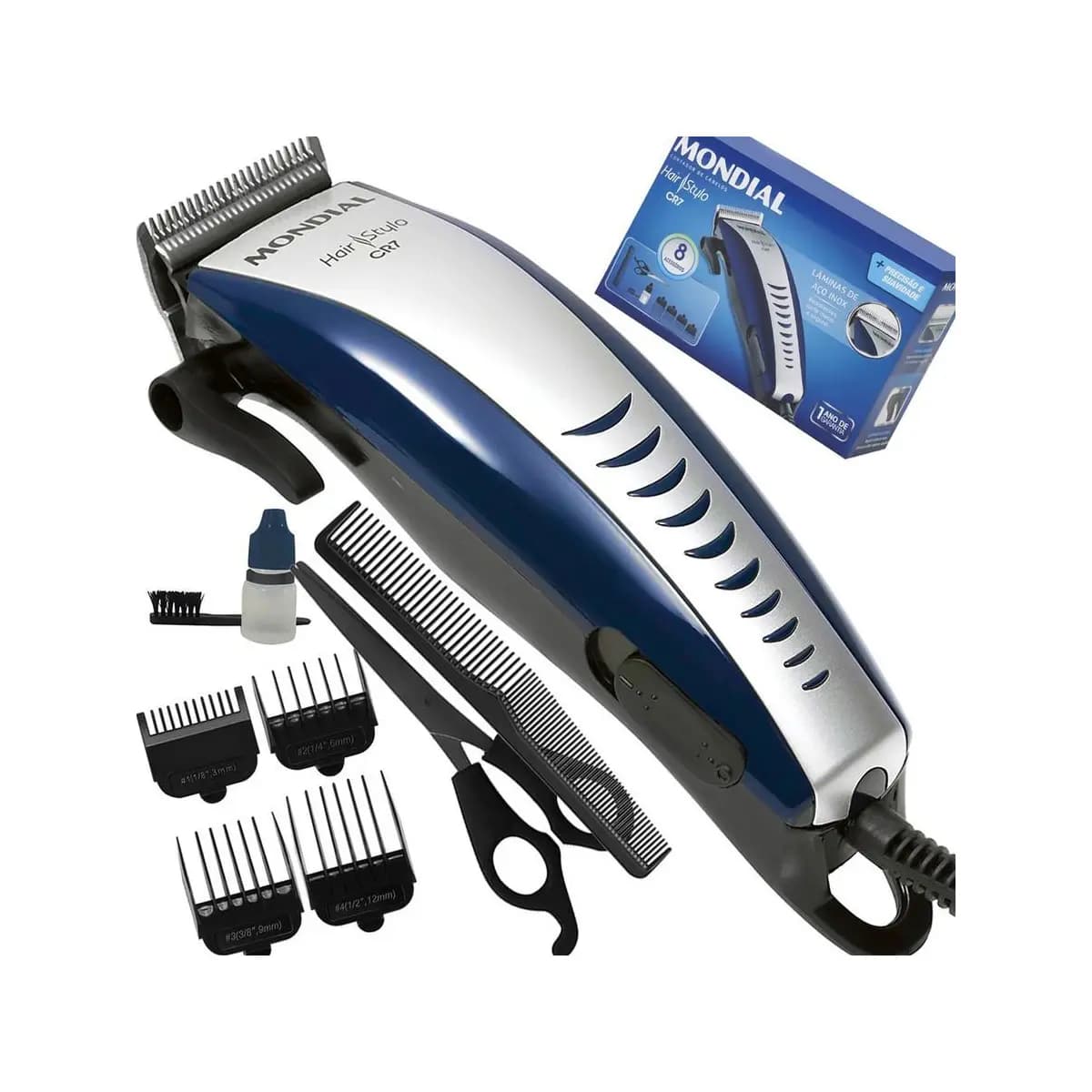 Kit Maquina de Corte Mondial Cabelo Barba Hair Stylo CR-07 com 4 Pentes