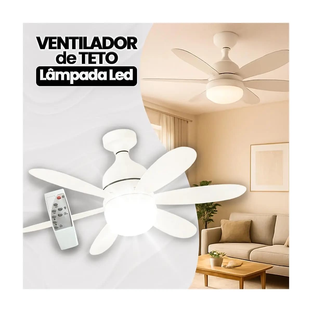 Ventilador Luminária Led 6 Pás Lâmpada Soquete Bocal E27 Teto 3 Cores Luz Branco Amarelo Bivolt