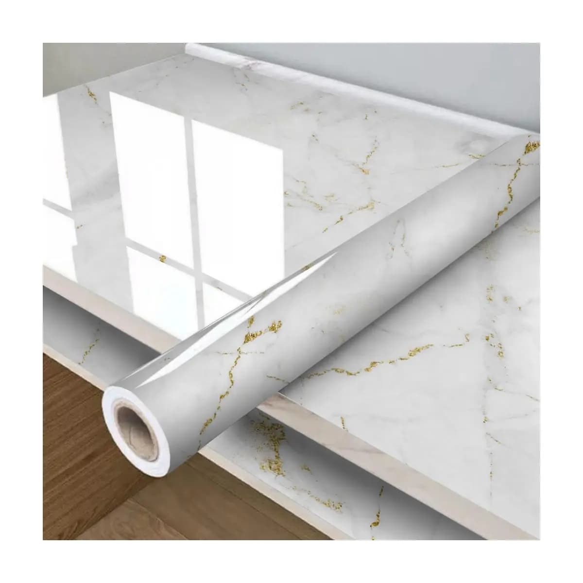 Papel de Parede Mármore Branco e Dourado Adesivo Para Sala Quarto | Vinílico Marmorizado Lavável e Impermeável | Full
