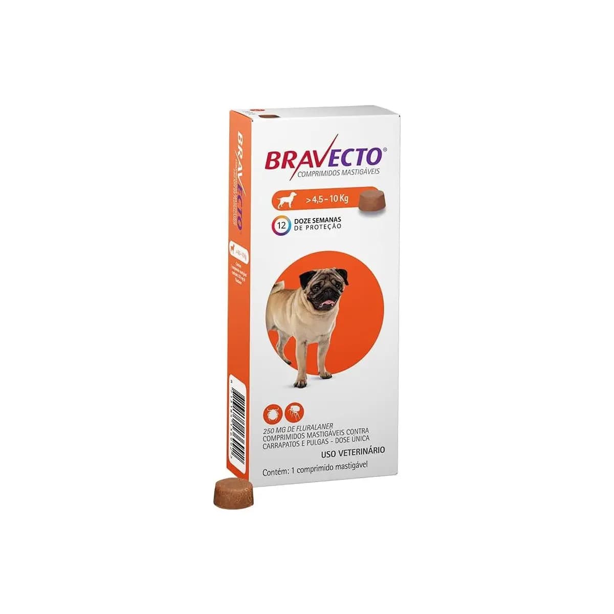 Bravecto® 250mg Antipulgas e Carrapatos para Cães de 4,5 a 10kg – 1 Comprimido Mastigável