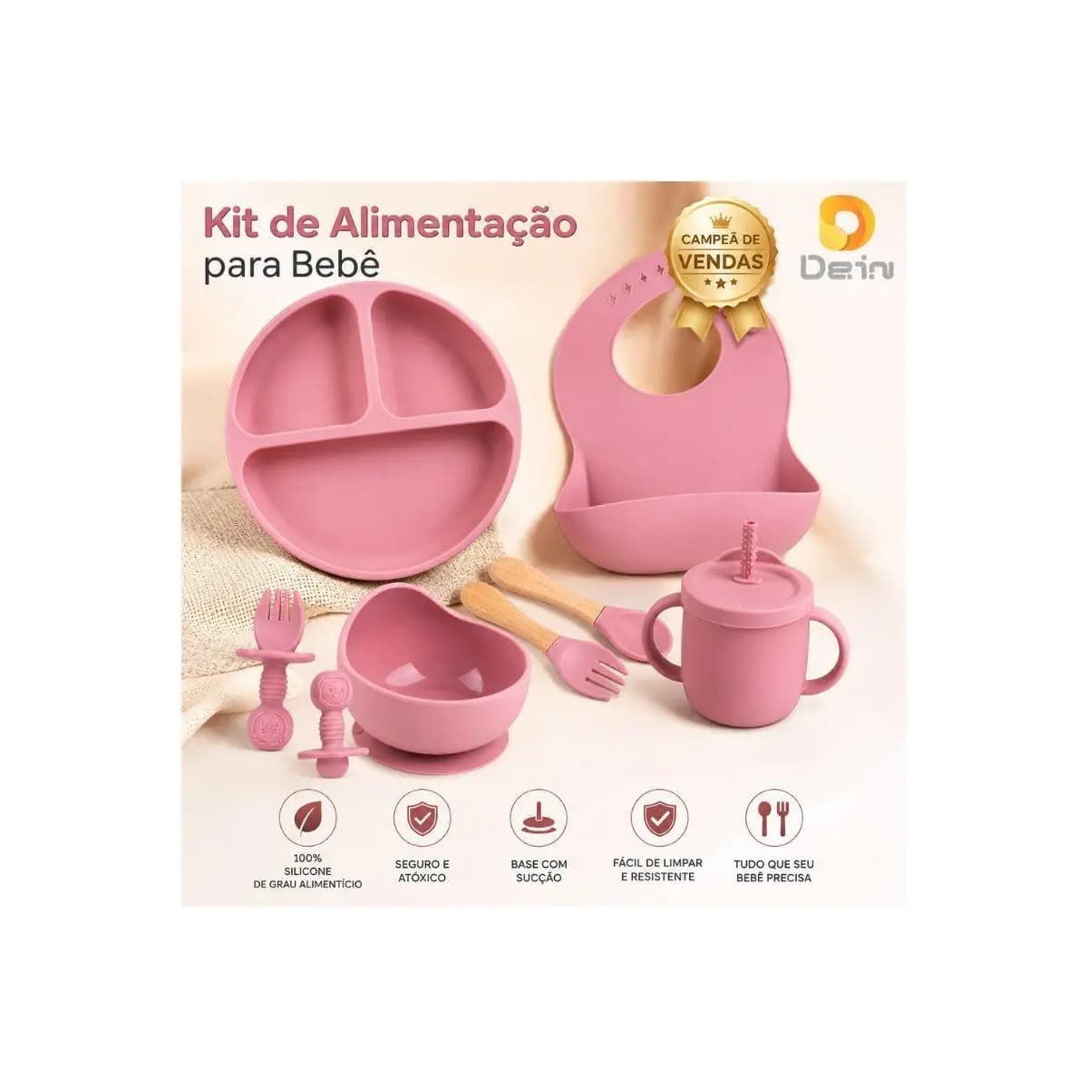 Kit de Alimentação para Bebê de Silicone 8 e 6 Peças Infantil Ventosa Canudo Colher Babador Garfo