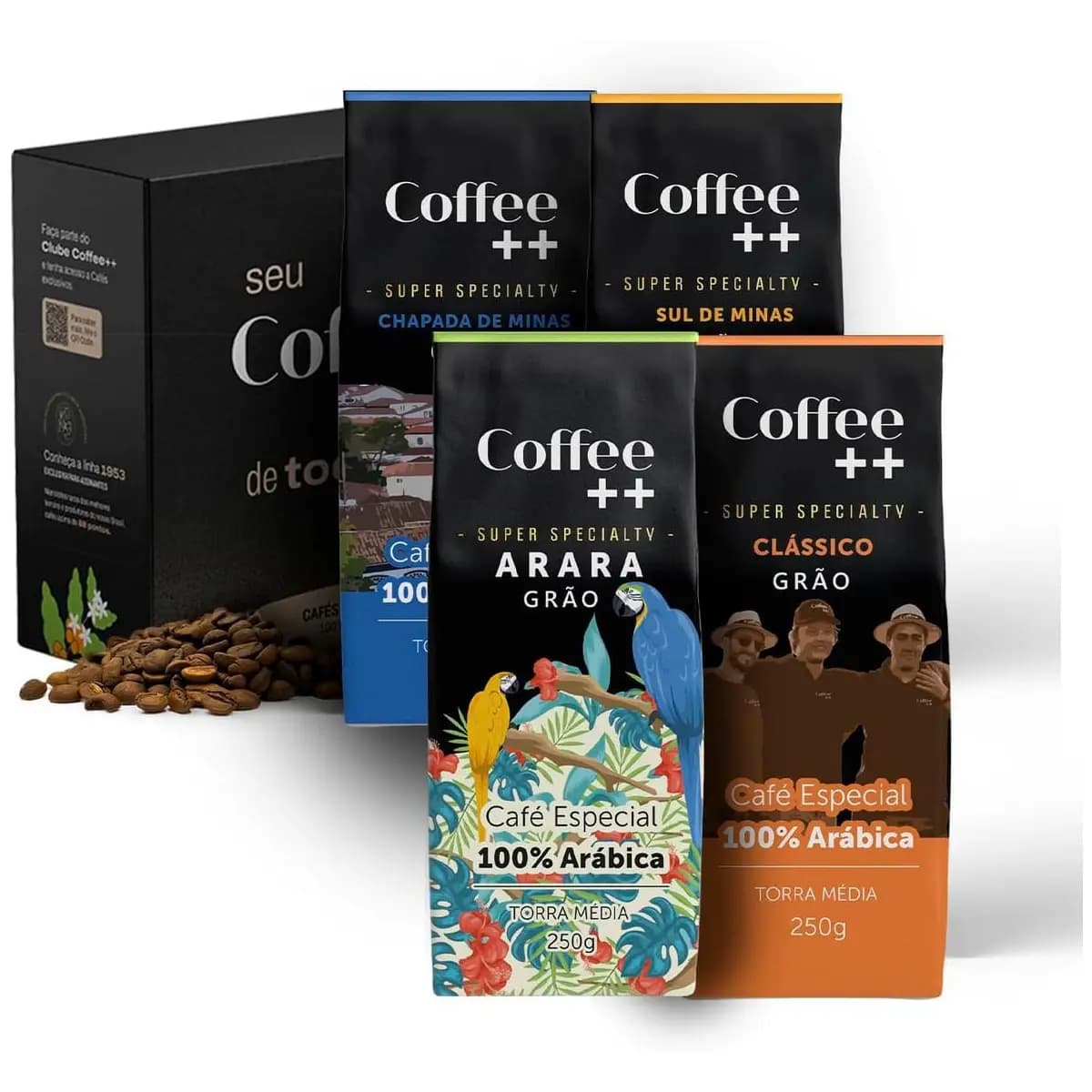 Kit 4 Cafés Especiais em Grãos Coffee++: Arara, Chapada de Minas, Cerrado Mineiro e Clássico - 250g cada