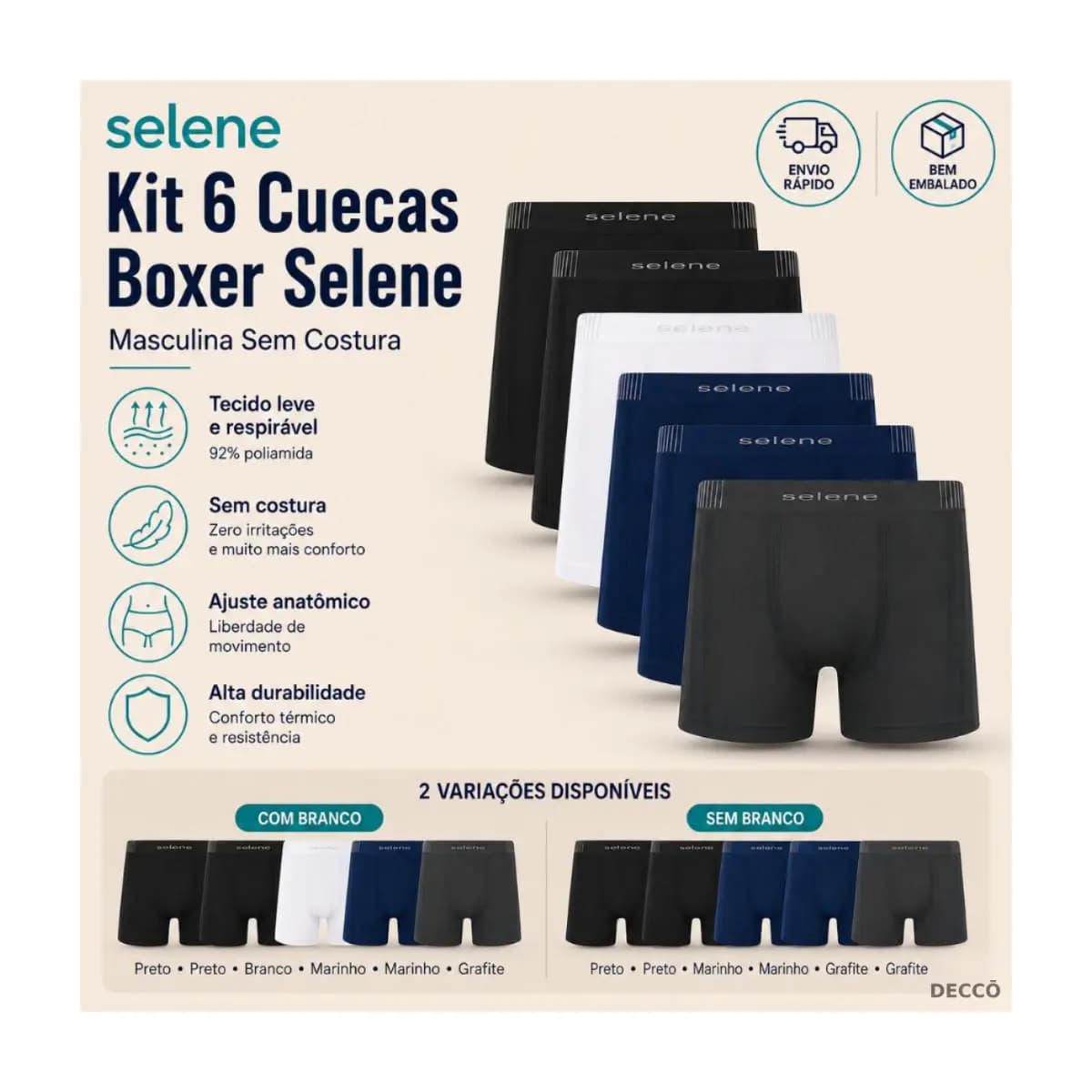 Kit 6 Cuecas Boxer Selene Sem Costura Masculina Poliamida Anatômica Confortável Respirável Dia a Dia