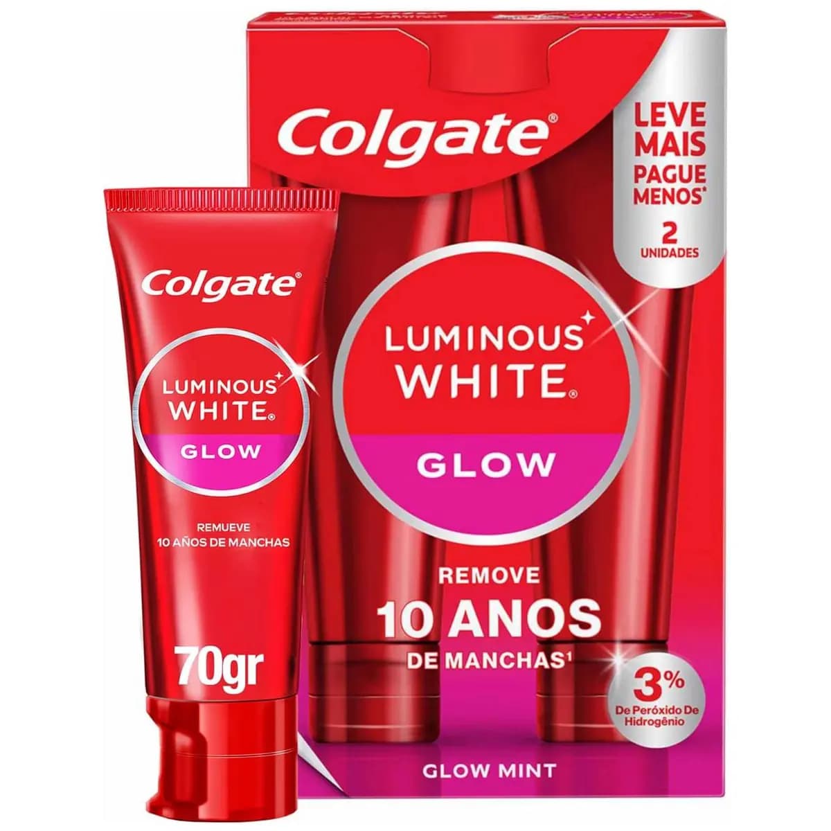 Colgate Creme Dental Clareador Luminous White Glow 2x70g | Kit 2 Unidades, 3% de Peróxido de Hidrogênio, Remove Mais de 10 Anos de Manchas