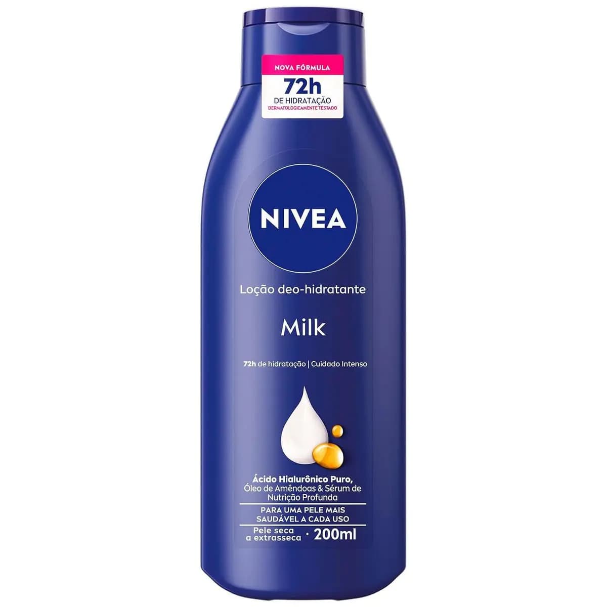NIVEA Loção Deo-Hidratante Milk 200ml, Hidratação Profunda 72h, Corporal, Hialurônico Puro, Pele Seca e Extrasseca