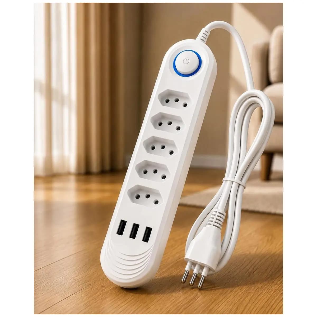 Filtro de Linha 5 Tomadas com 3 USB, Extensão Elétrica Bivolt 110V 220V, Cabo 2 Metros, Botão Liga e Desliga, Régua de Tomadas 10A 2500W para Notebook, Celular, TV, Videogame e Home Office