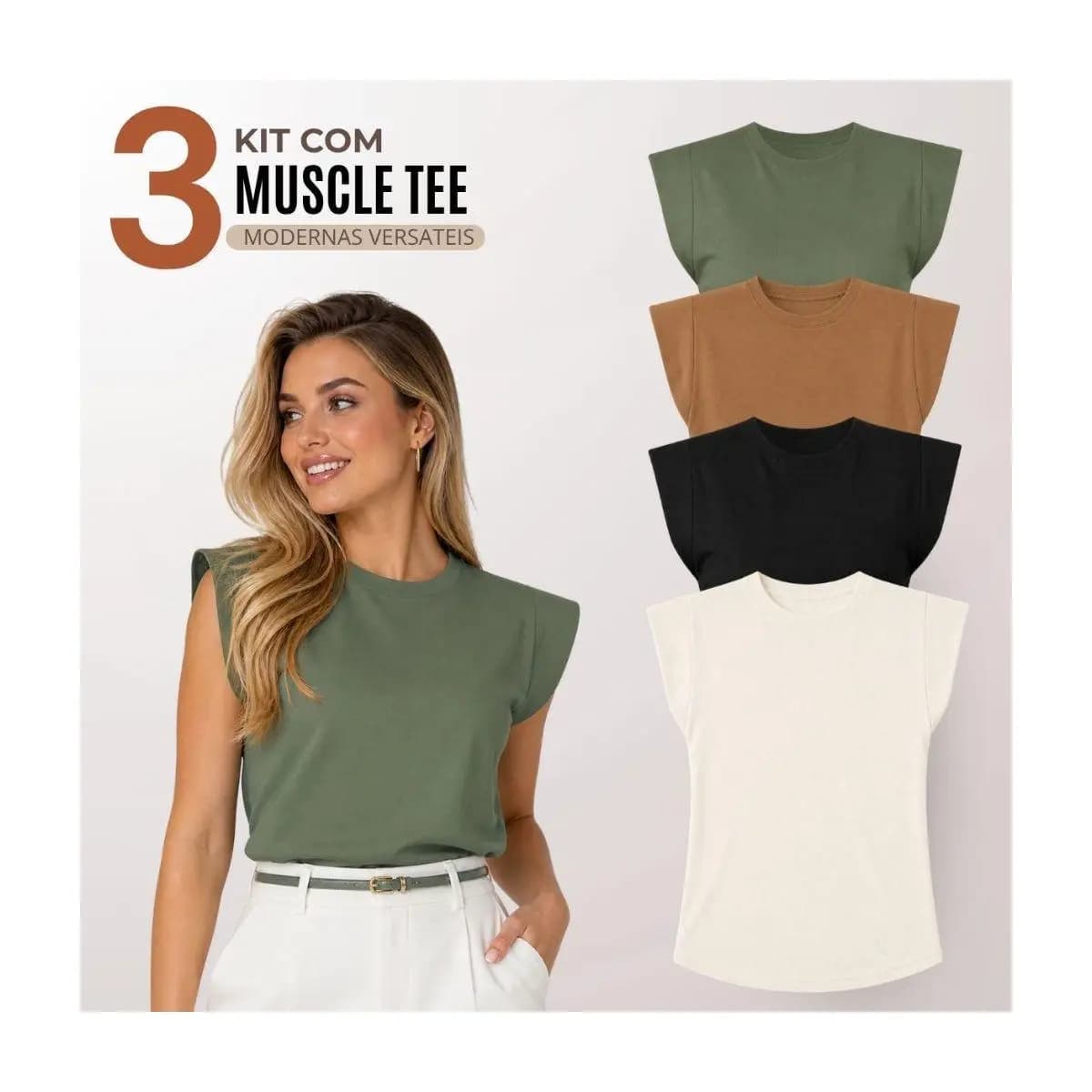 Kit 3 Blusas Feminina Muscle Tee Moderna Casual 100% Algodão - F00