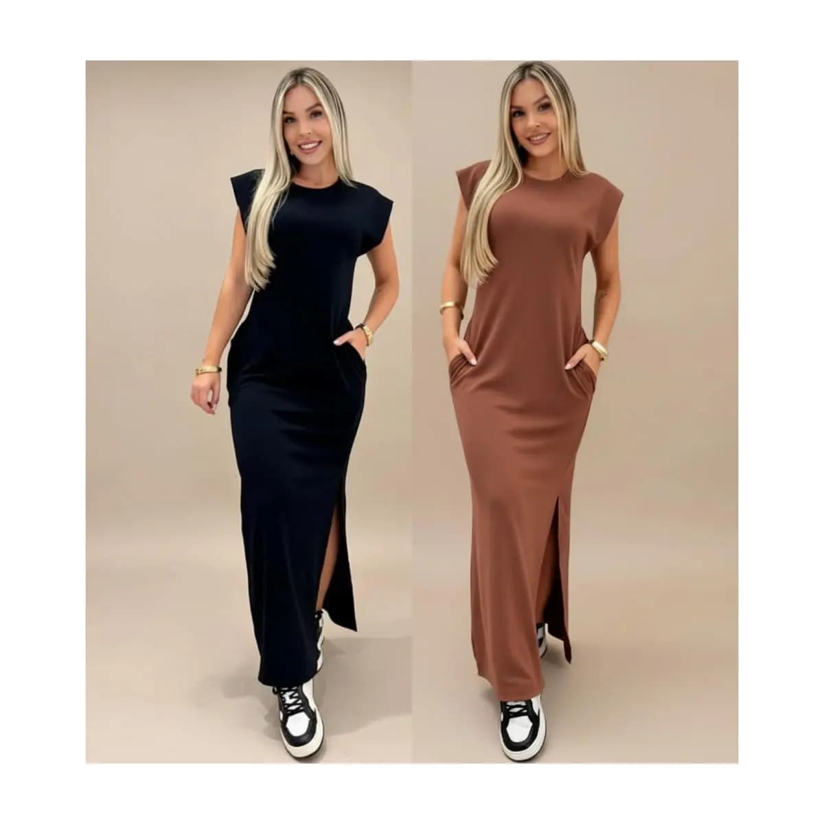 Vestido longo casual básico feminino ribana manga canelada muscle fashion gringa preto marrom