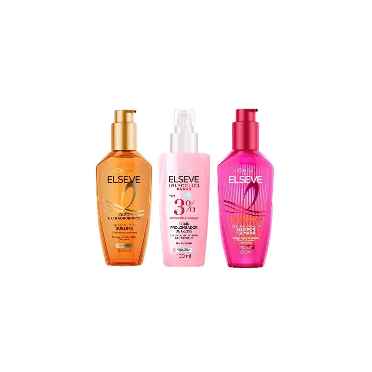 Kit Finalizadores Elseve L'Oréal Paris: Óleo Extraordinário + Glycolic Gloss + Liso dos Sonhos (3x 100ml)