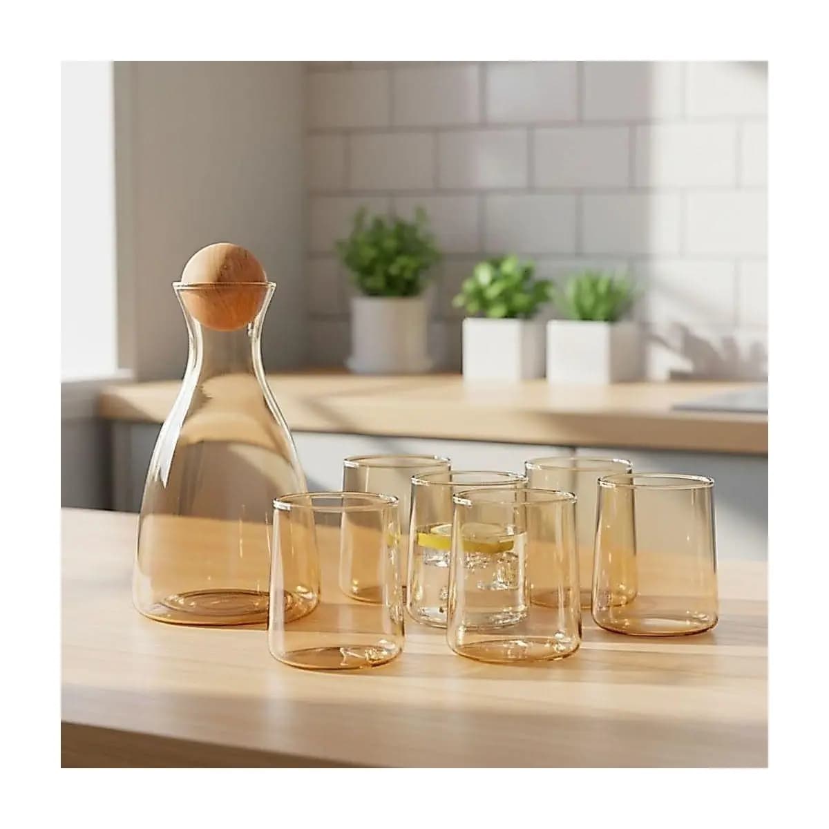 Jarra de Agua e Suco Vidro com Tampa de Bambu 1,7 Litros Kit 6 Copos de Vidro 280ml Luxo Mesa Posta