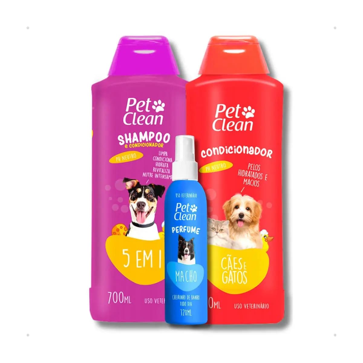 Kit Banho Shampoo 5 em 1, Creme Condicionador de Pelos e Perfume para Cachorro e Gato Pet Clean