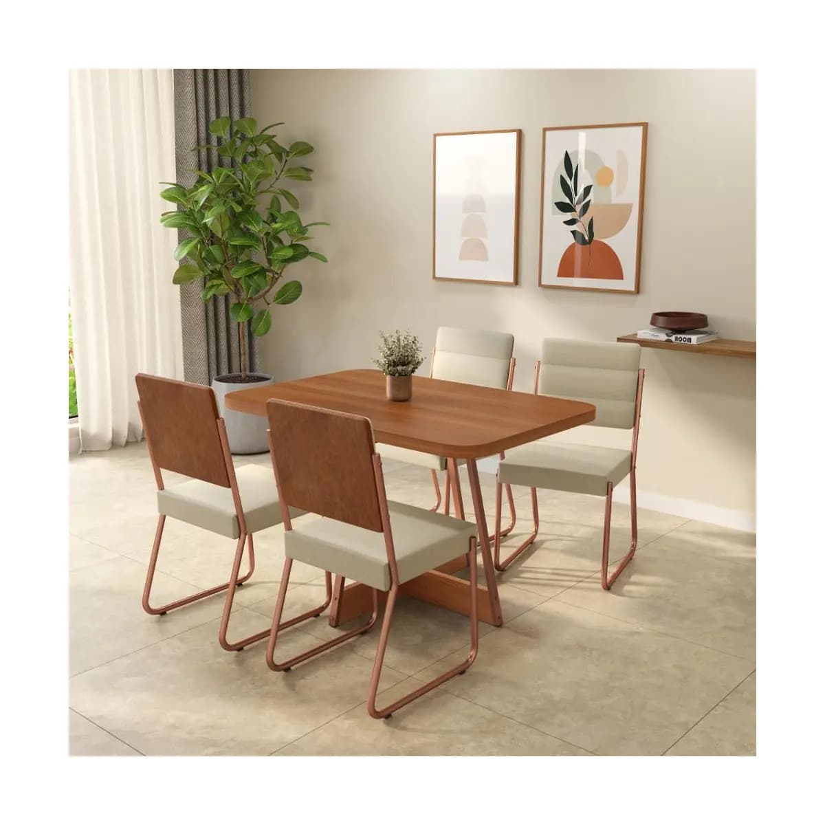 Conjunto Sala de Jantar 4 Cadeiras Madu Carraro Nogal Rosê