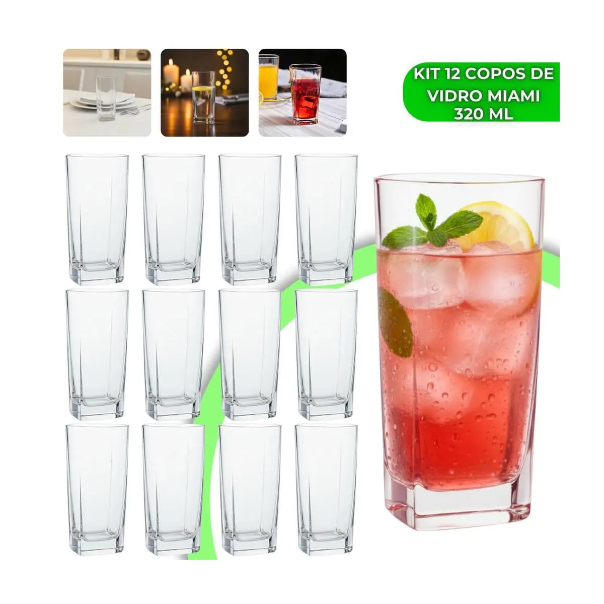 Jogo 12 Copos Miami 320ml Vidro Grosso Moderno Luxo Elegante Quadrado Alto Texas Bali Água Drink